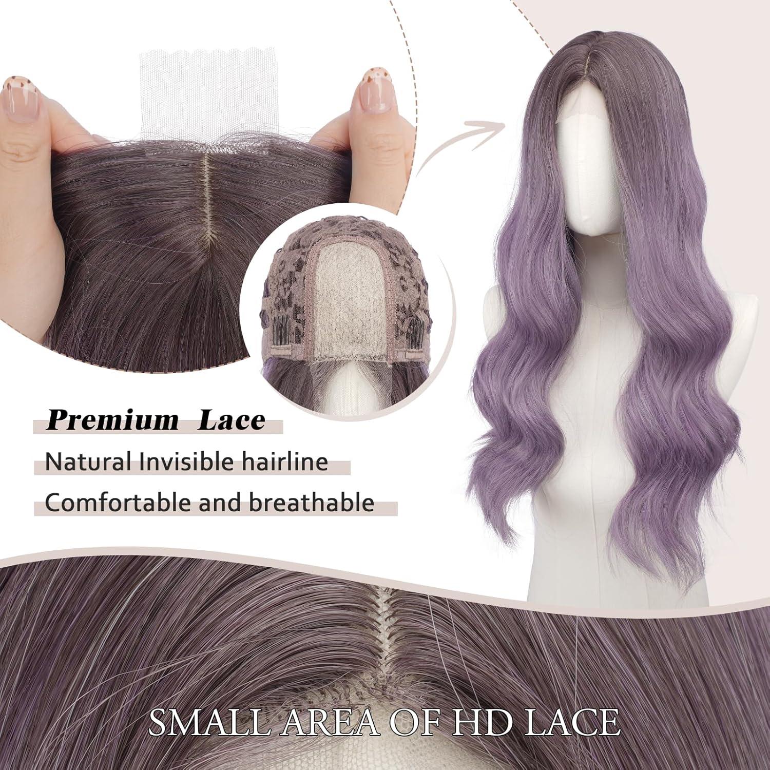 imageFESHFEN Long Dirty Blonde Wigs for Women 22 inch Middle Parting Synthetic Wavy Wig for Daily PartyOmbre Purple