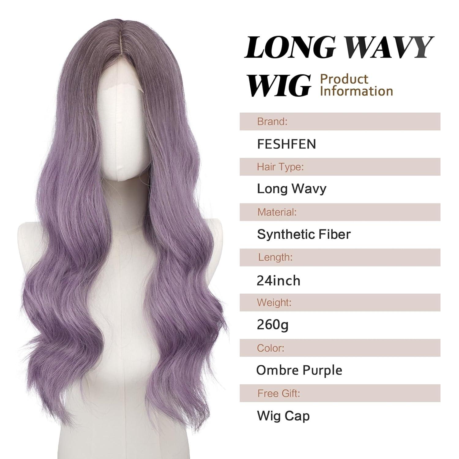 imageFESHFEN Long Dirty Blonde Wigs for Women 22 inch Middle Parting Synthetic Wavy Wig for Daily PartyOmbre Purple