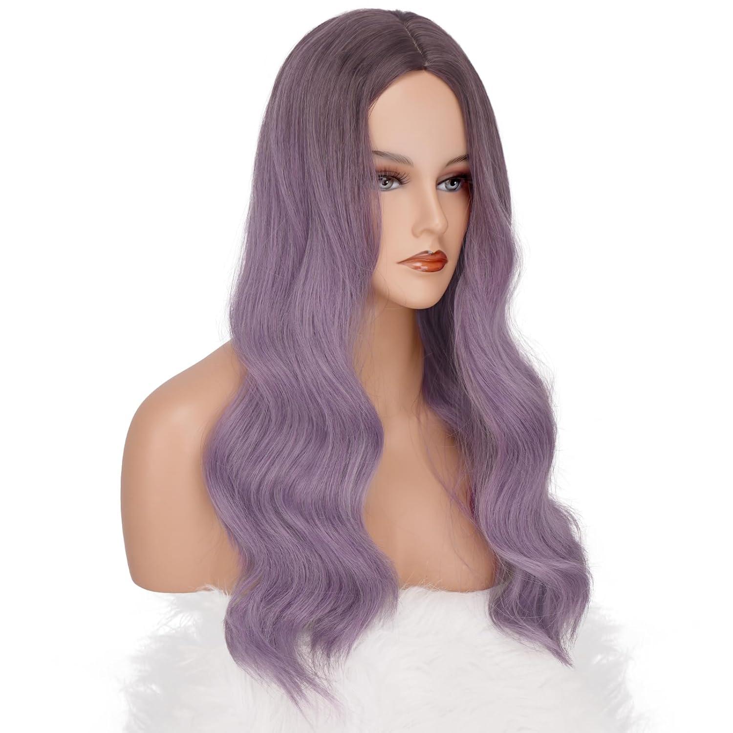 imageFESHFEN Long Dirty Blonde Wigs for Women 22 inch Middle Parting Synthetic Wavy Wig for Daily PartyOmbre Purple
