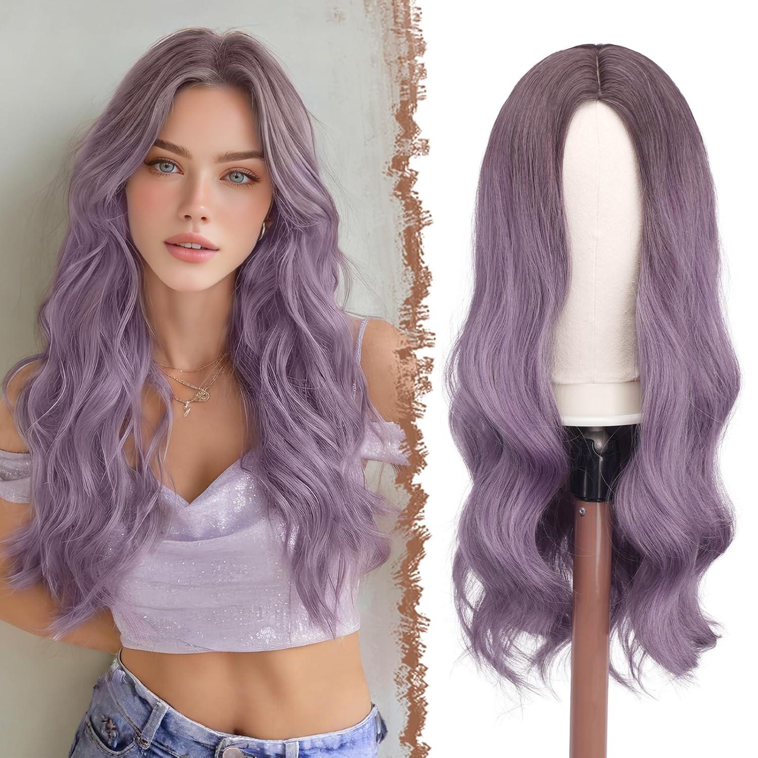 imageFESHFEN Long Dirty Blonde Wigs for Women 22 inch Middle Parting Synthetic Wavy Wig for Daily PartyOmbre Purple