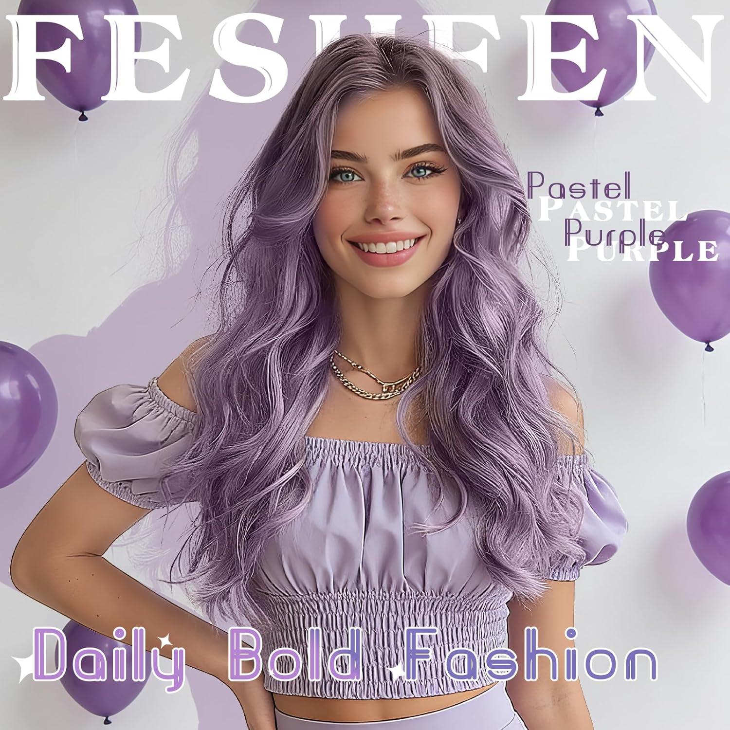 imageFESHFEN Long Dirty Blonde Wigs for Women 22 inch Middle Parting Synthetic Wavy Wig for Daily PartyOmbre Purple