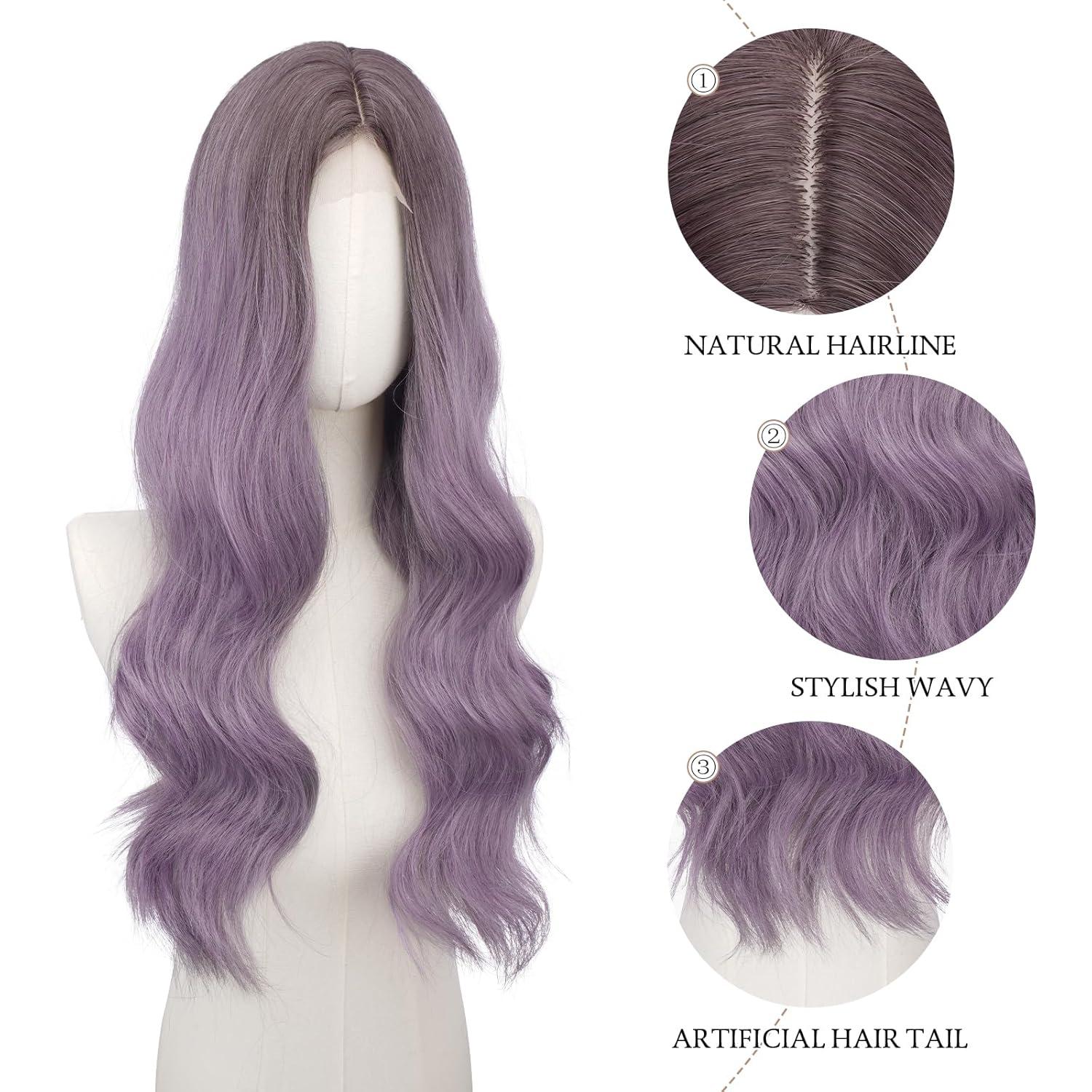 imageFESHFEN Long Dirty Blonde Wigs for Women 22 inch Middle Parting Synthetic Wavy Wig for Daily PartyOmbre Purple