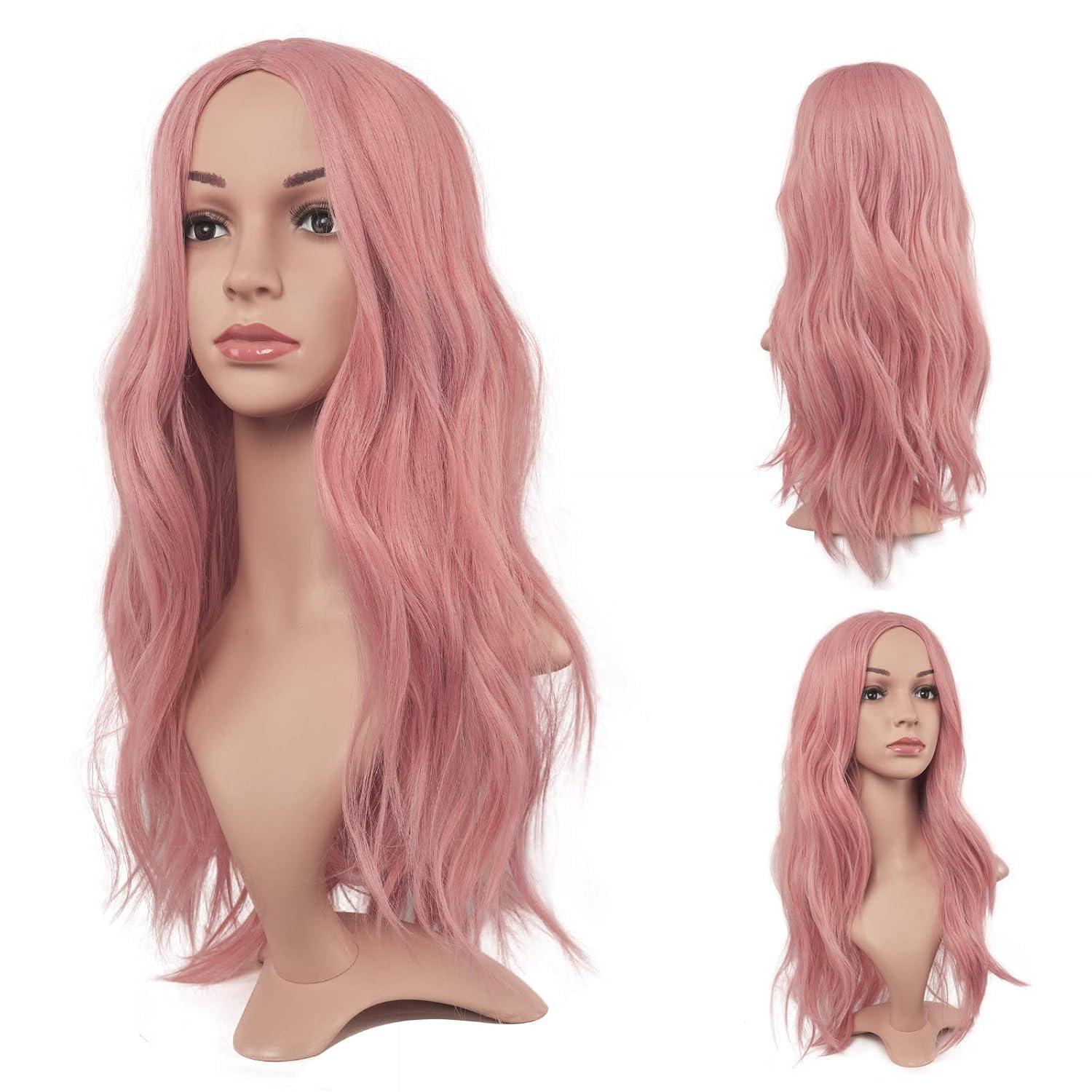 imageFESHFEN Long Dirty Blonde Wigs for Women 22 inch Middle Parting Synthetic Wavy Wig for Daily PartyPink