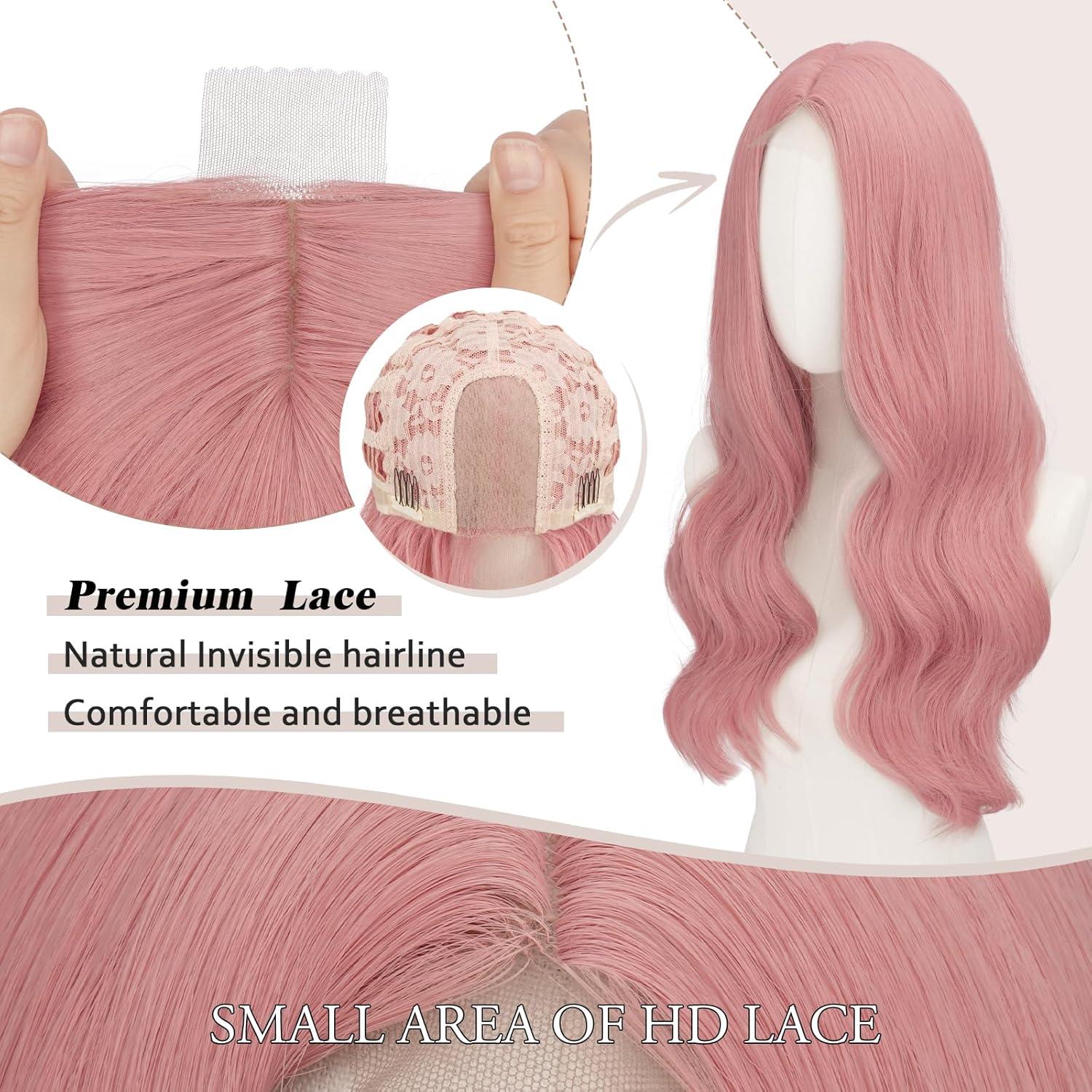 imageFESHFEN Long Dirty Blonde Wigs for Women 22 inch Middle Parting Synthetic Wavy Wig for Daily PartyPink