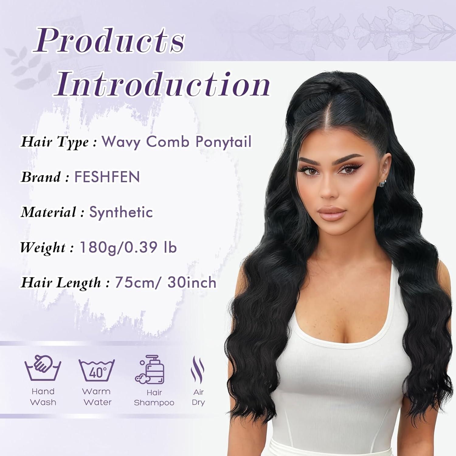 imageFESHFEN Long Drawstring Ponytail Extension 30 Inch Wavy Curly Comb Clip in Ponytail Hair Extensions Synthetic Pony Tails Clip on Hairpieces for Women Strawberry Blonde1B Black