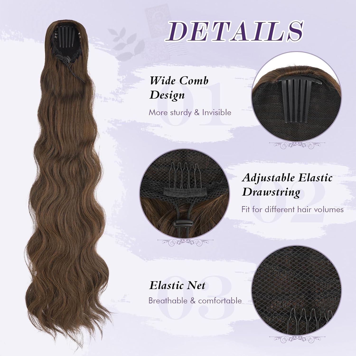 imageFESHFEN Long Drawstring Ponytail Extension 30 Inch Wavy Curly Comb Clip in Ponytail Hair Extensions Synthetic Pony Tails Clip on Hairpieces for Women Strawberry Blonde430 Brown Mixed Light Auburn