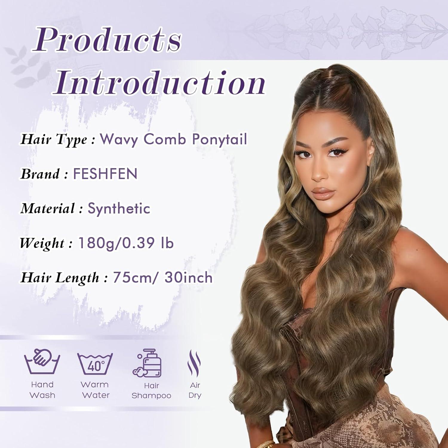 imageFESHFEN Long Drawstring Ponytail Extension 30 Inch Wavy Curly Comb Clip in Ponytail Hair Extensions Synthetic Pony Tails Clip on Hairpieces for Women Strawberry Blonde12H29 Light Brown Blonde