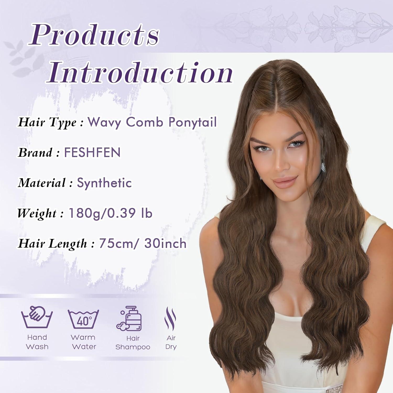 imageFESHFEN Long Drawstring Ponytail Extension 30 Inch Wavy Curly Comb Clip in Ponytail Hair Extensions Synthetic Pony Tails Clip on Hairpieces for Women Strawberry Blonde430 Brown Mixed Light Auburn