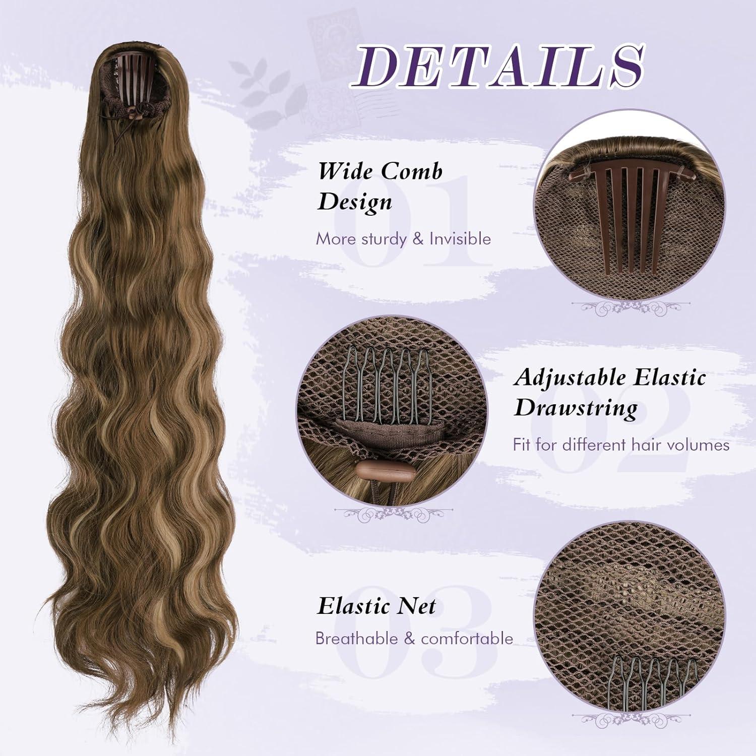 imageFESHFEN Long Drawstring Ponytail Extension 30 Inch Wavy Curly Comb Clip in Ponytail Hair Extensions Synthetic Pony Tails Clip on Hairpieces for Women Strawberry Blonde22H10 Brown Mix Honey Blonde