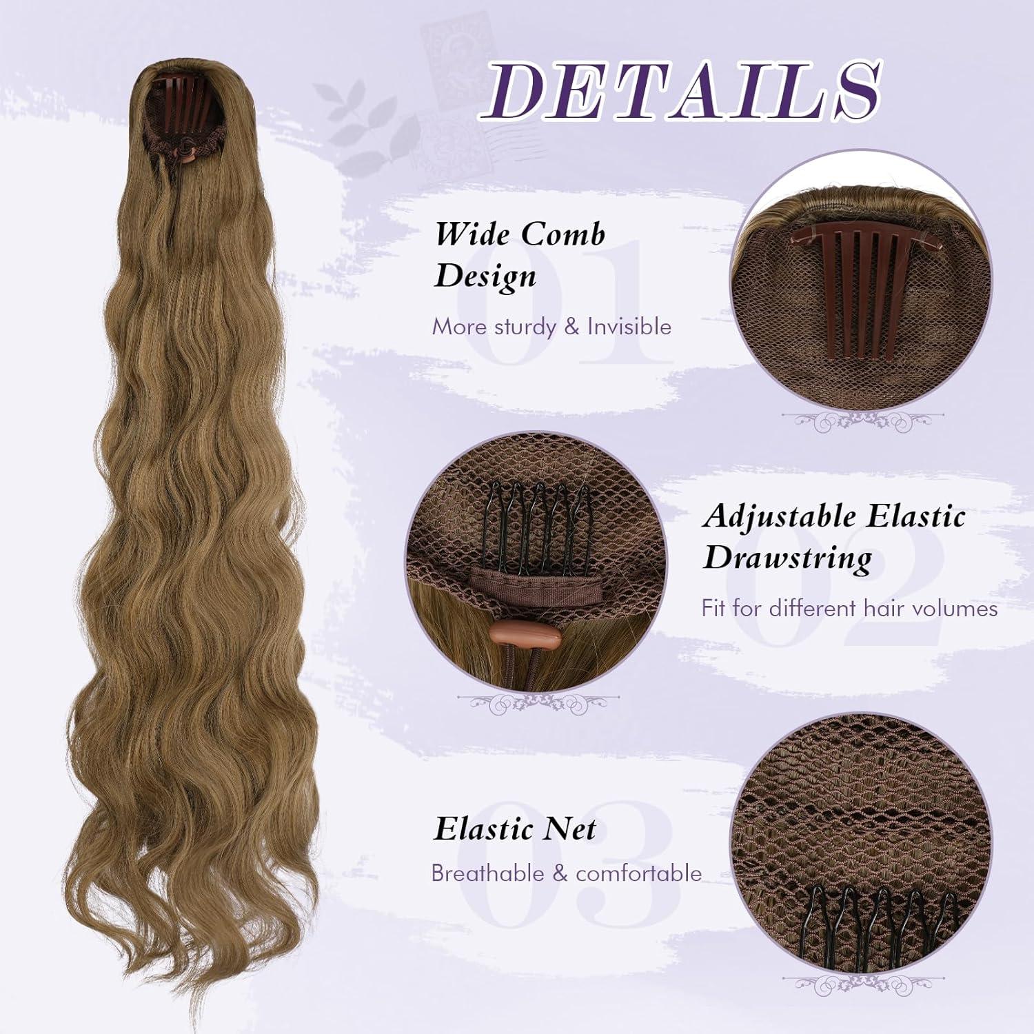 imageFESHFEN Long Drawstring Ponytail Extension 30 Inch Wavy Curly Comb Clip in Ponytail Hair Extensions Synthetic Pony Tails Clip on Hairpieces for Women Strawberry Blonde1224 Light Brown Mix Natural Blonde