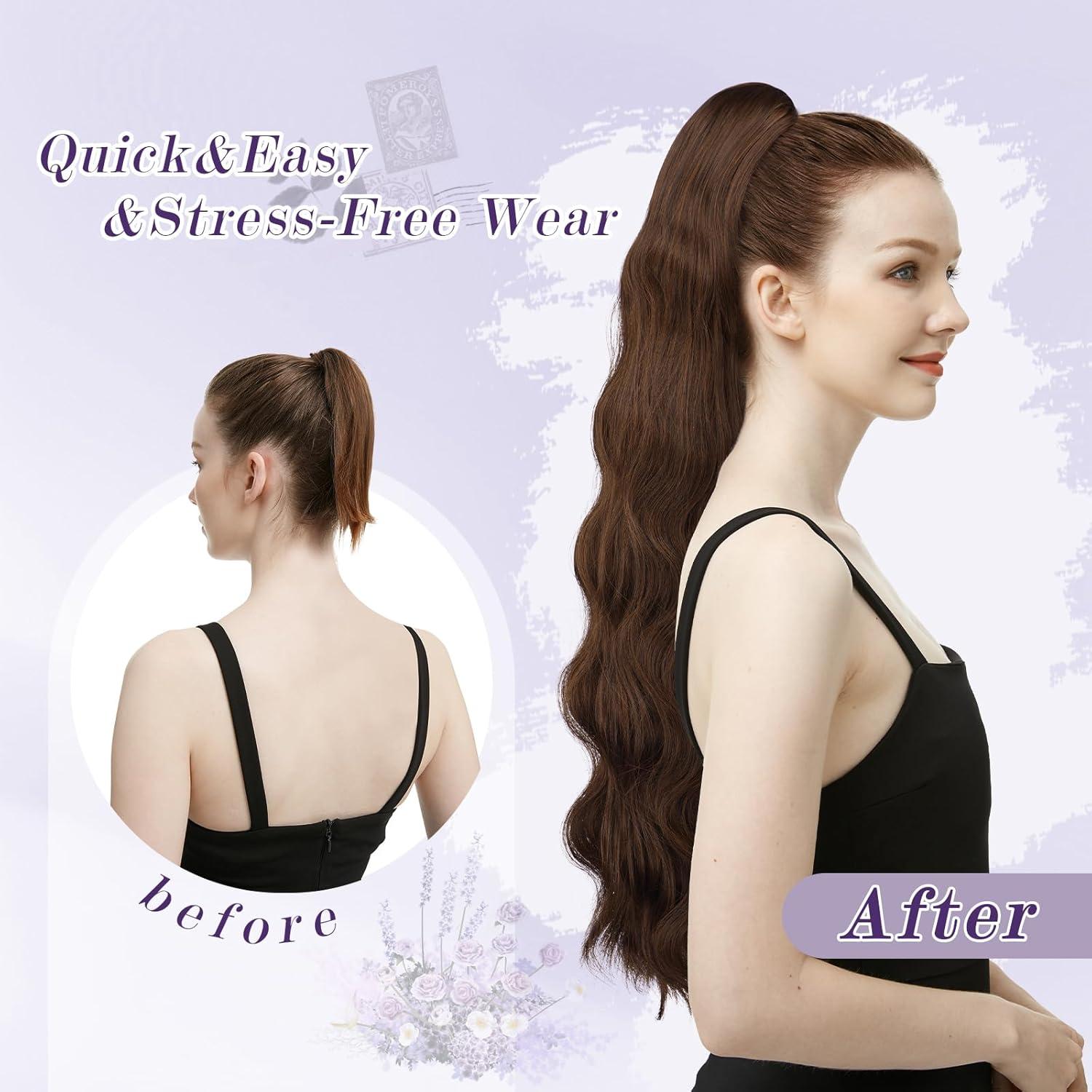 imageFESHFEN Long Drawstring Ponytail Extension 30 Inch Wavy Curly Comb Clip in Ponytail Hair Extensions Synthetic Pony Tails Clip on Hairpieces for Women Strawberry Blonde1B Black