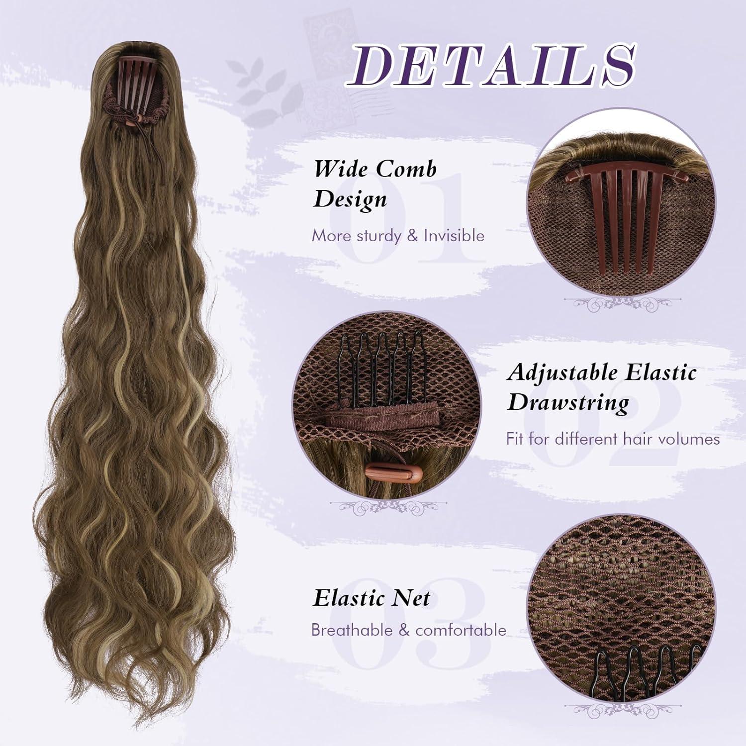 imageFESHFEN Long Drawstring Ponytail Extension 30 Inch Wavy Curly Comb Clip in Ponytail Hair Extensions Synthetic Pony Tails Clip on Hairpieces for Women Strawberry Blonde12H29 Light Brown Blonde
