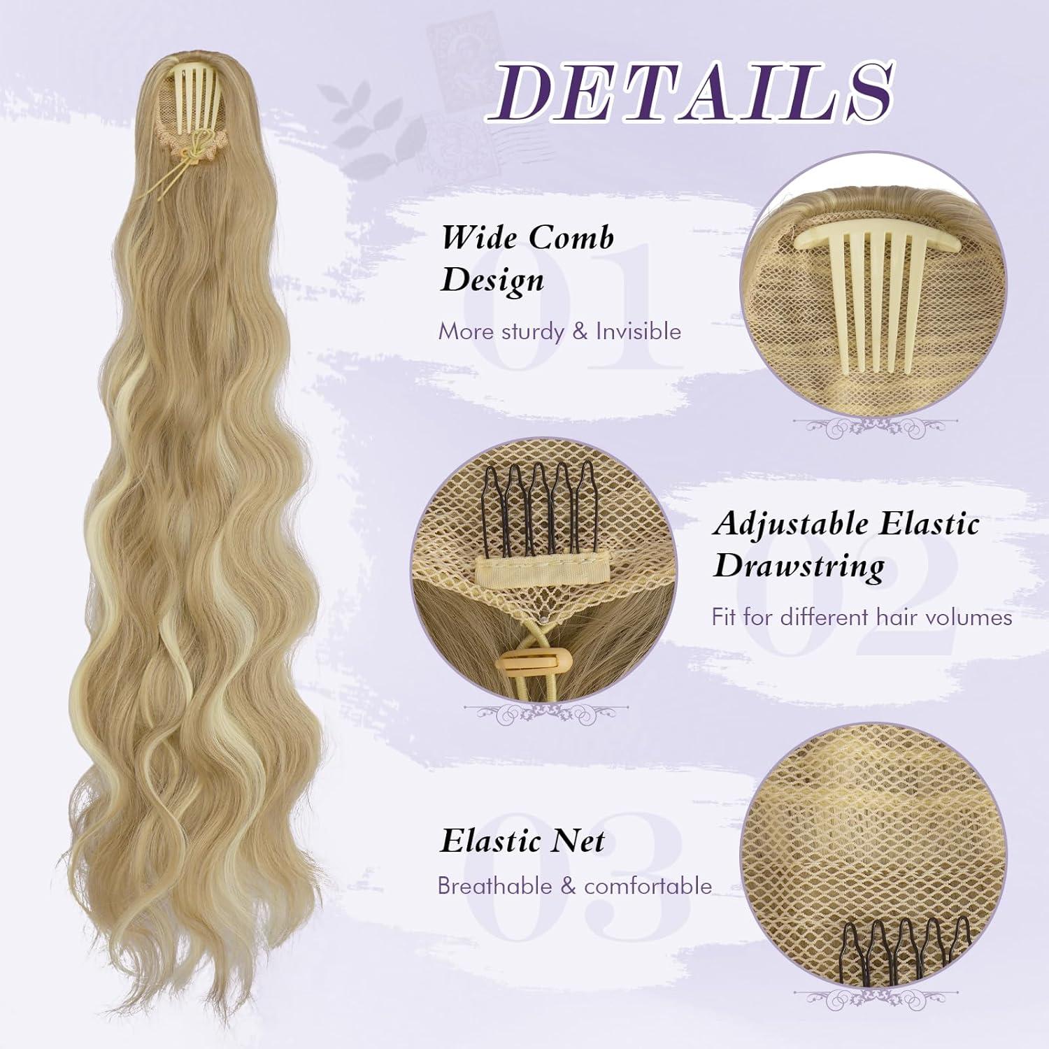 imageFESHFEN Long Drawstring Ponytail Extension 30 Inch Wavy Curly Comb Clip in Ponytail Hair Extensions Synthetic Pony Tails Clip on Hairpieces for Women Strawberry Blonde16H613 Dirty Blonde