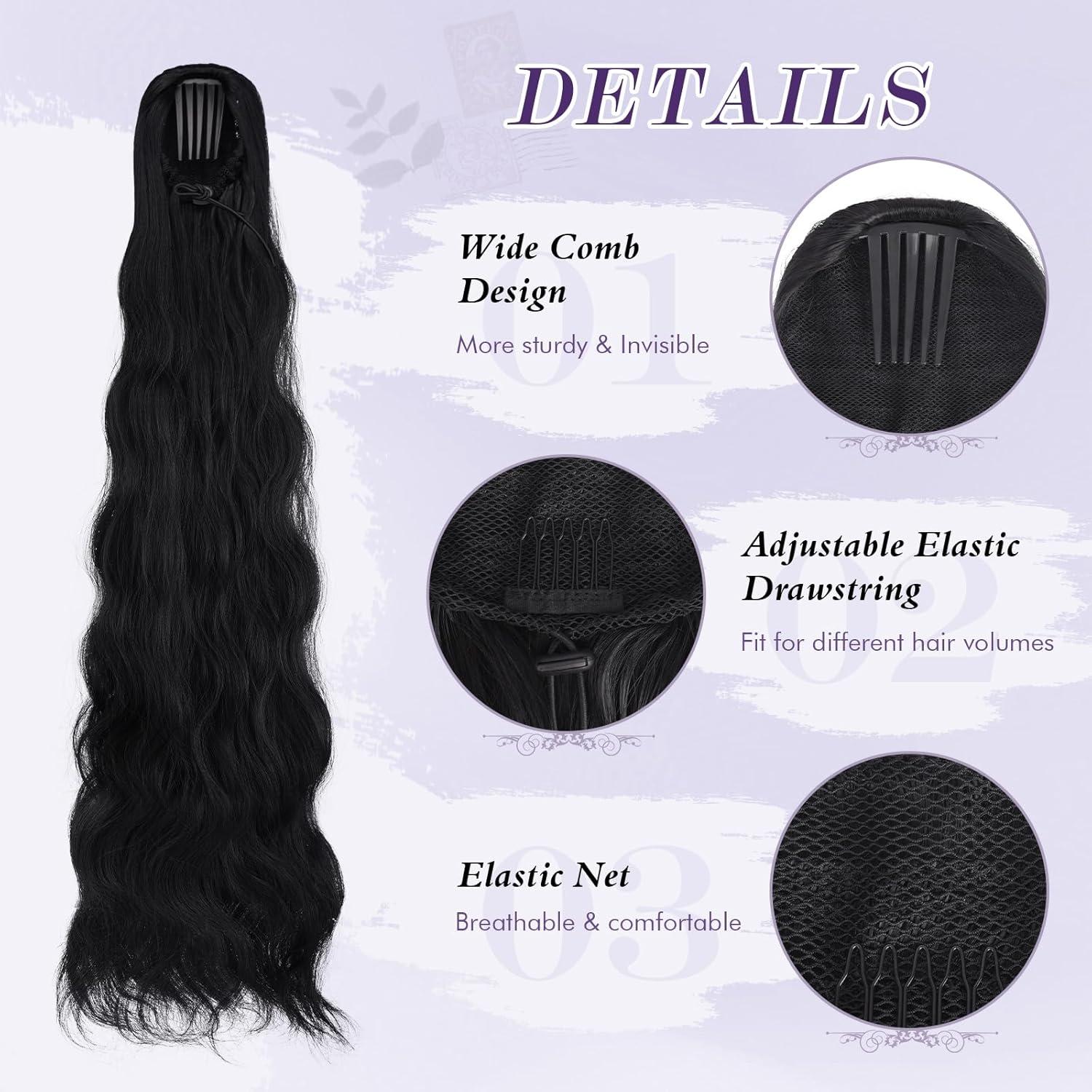imageFESHFEN Long Drawstring Ponytail Extension 30 Inch Wavy Curly Comb Clip in Ponytail Hair Extensions Synthetic Pony Tails Clip on Hairpieces for Women Strawberry Blonde1B Black