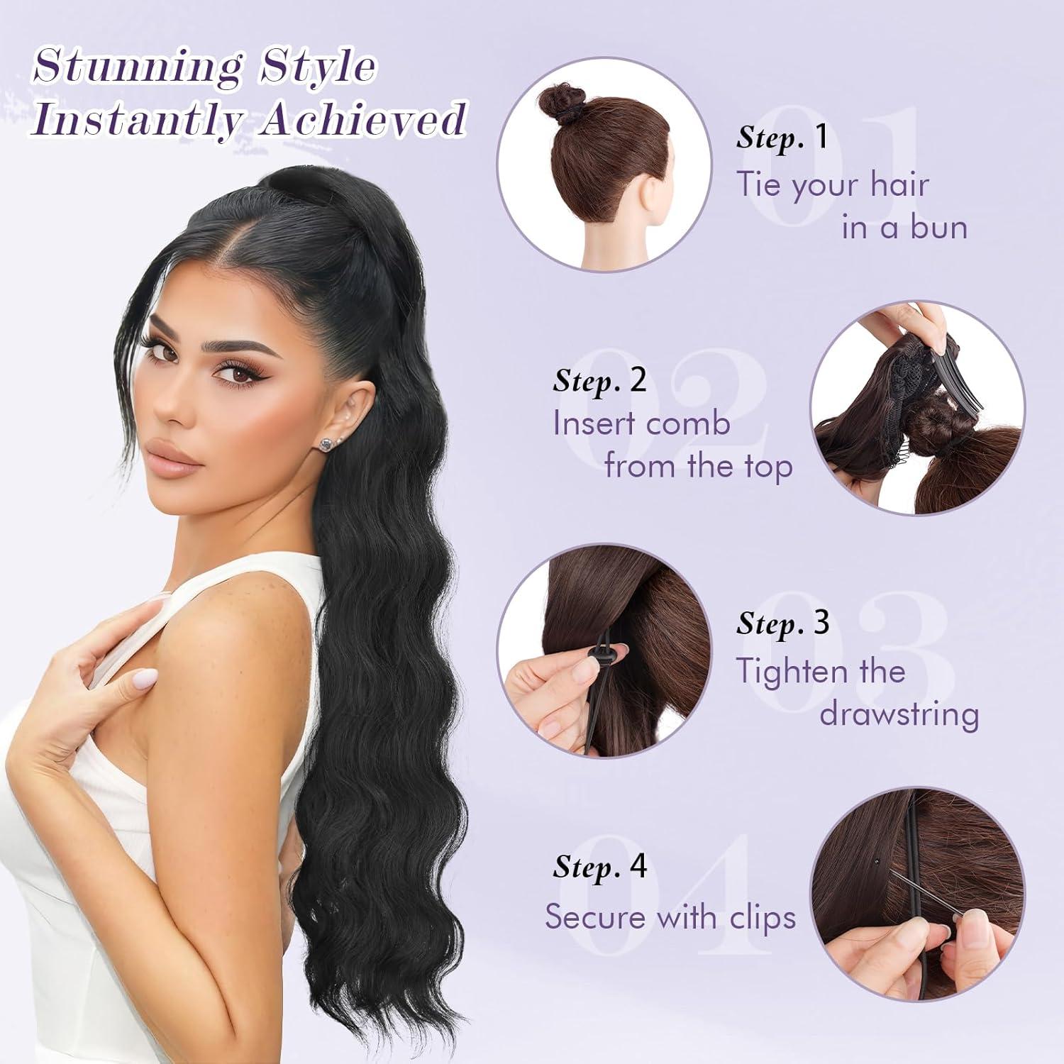 imageFESHFEN Long Drawstring Ponytail Extension 30 Inch Wavy Curly Comb Clip in Ponytail Hair Extensions Synthetic Pony Tails Clip on Hairpieces for Women Strawberry Blonde430 Brown Mixed Light Auburn