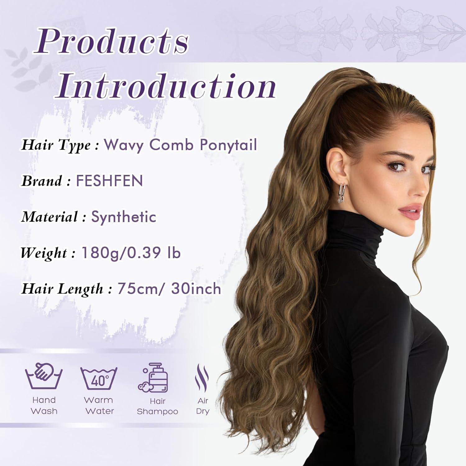 imageFESHFEN Long Drawstring Ponytail Extension 30 Inch Wavy Curly Comb Clip in Ponytail Hair Extensions Synthetic Pony Tails Clip on Hairpieces for Women Strawberry Blonde22H10 Brown Mix Honey Blonde