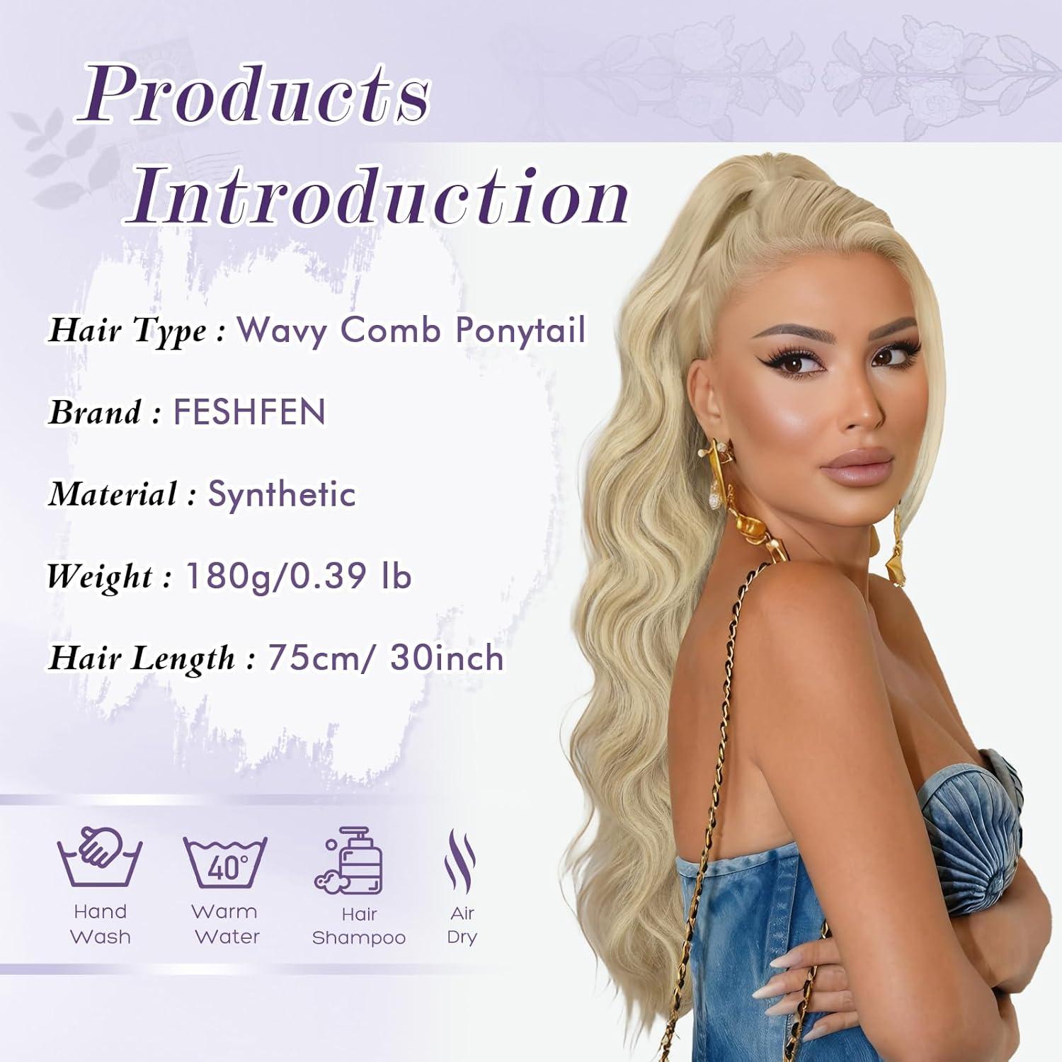 imageFESHFEN Long Drawstring Ponytail Extension 30 Inch Wavy Curly Comb Clip in Ponytail Hair Extensions Synthetic Pony Tails Clip on Hairpieces for Women Strawberry Blonde16H613 Dirty Blonde