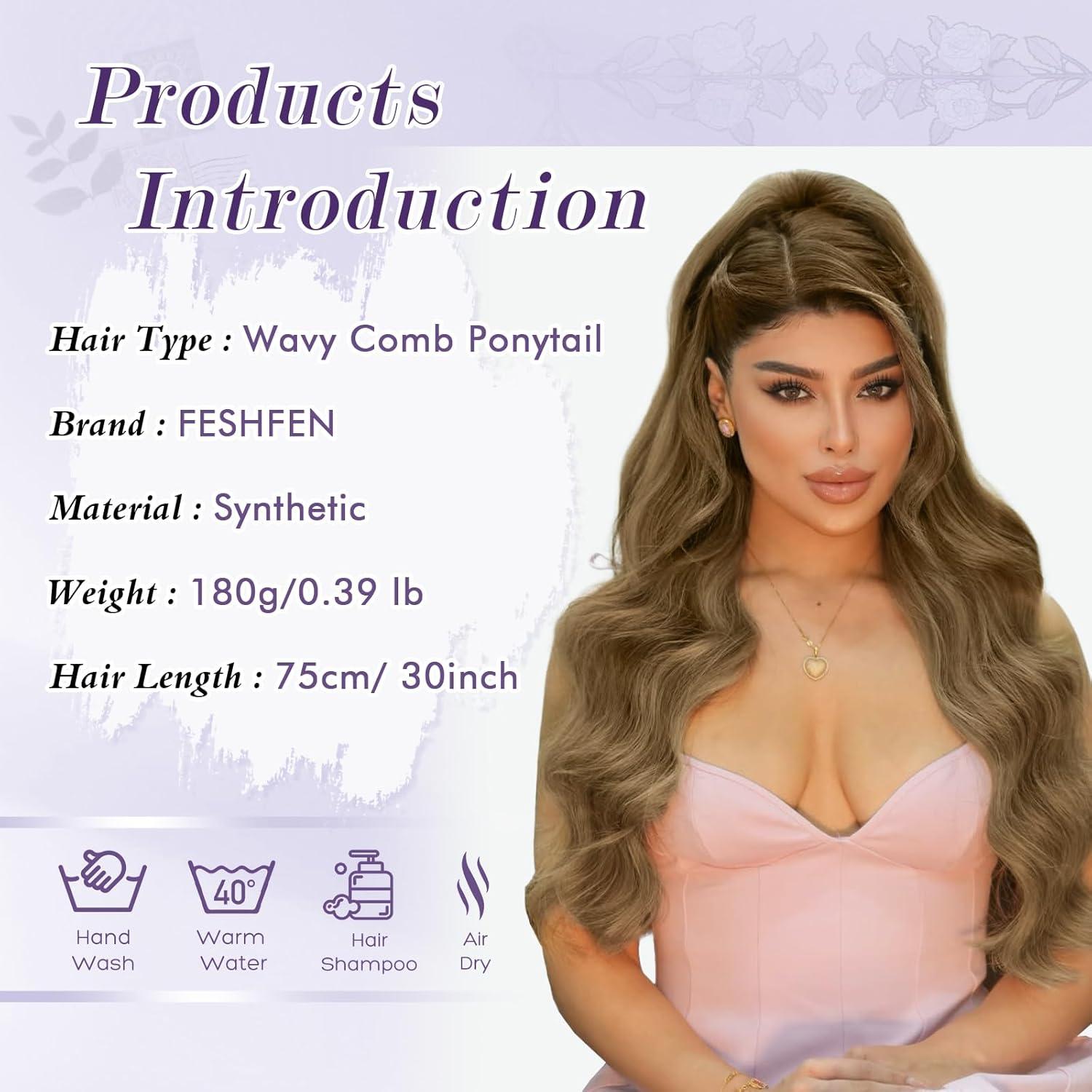 imageFESHFEN Long Drawstring Ponytail Extension 30 Inch Wavy Curly Comb Clip in Ponytail Hair Extensions Synthetic Pony Tails Clip on Hairpieces for Women Strawberry Blonde1224 Light Brown Mix Natural Blonde