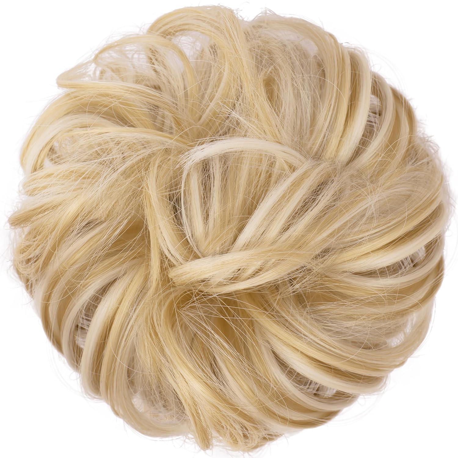 imageFESHFEN Messy Bun Hair Piece Wavy Synthetic Chignon Scrunchies for Instant Volume Elastic Bun Ponytail Hair Extensions Thick Hairpieces for Women Black Gray and White Tips 150 oz18H60 Champagne Blonde White Blonde