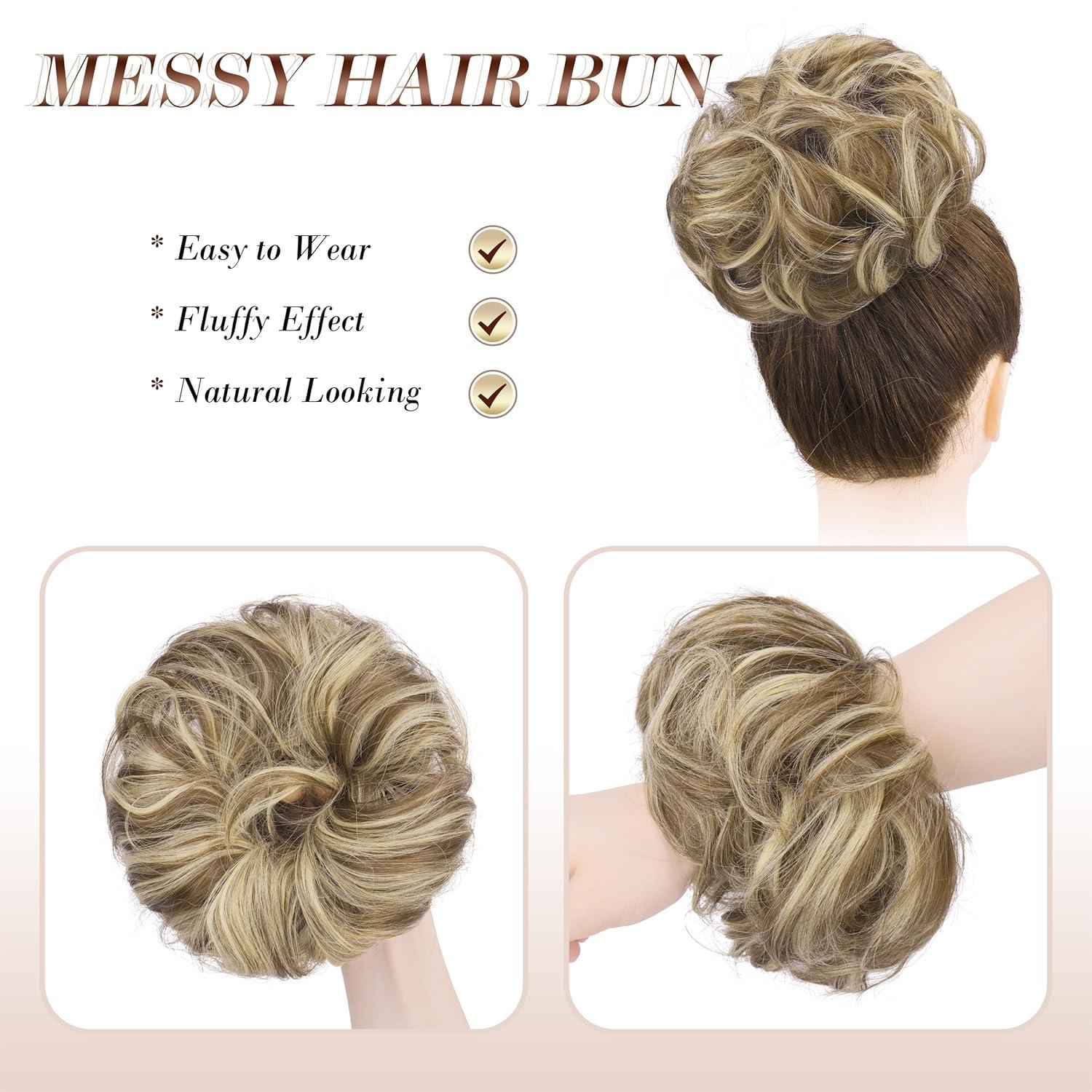 imageFESHFEN Messy Bun Hair Piece Wavy Synthetic Chignon Scrunchies for Instant Volume Elastic Bun Ponytail Hair Extensions Thick Hairpieces for Women Black Gray and White Tips 150 oz8660H10 Brunette Blonde