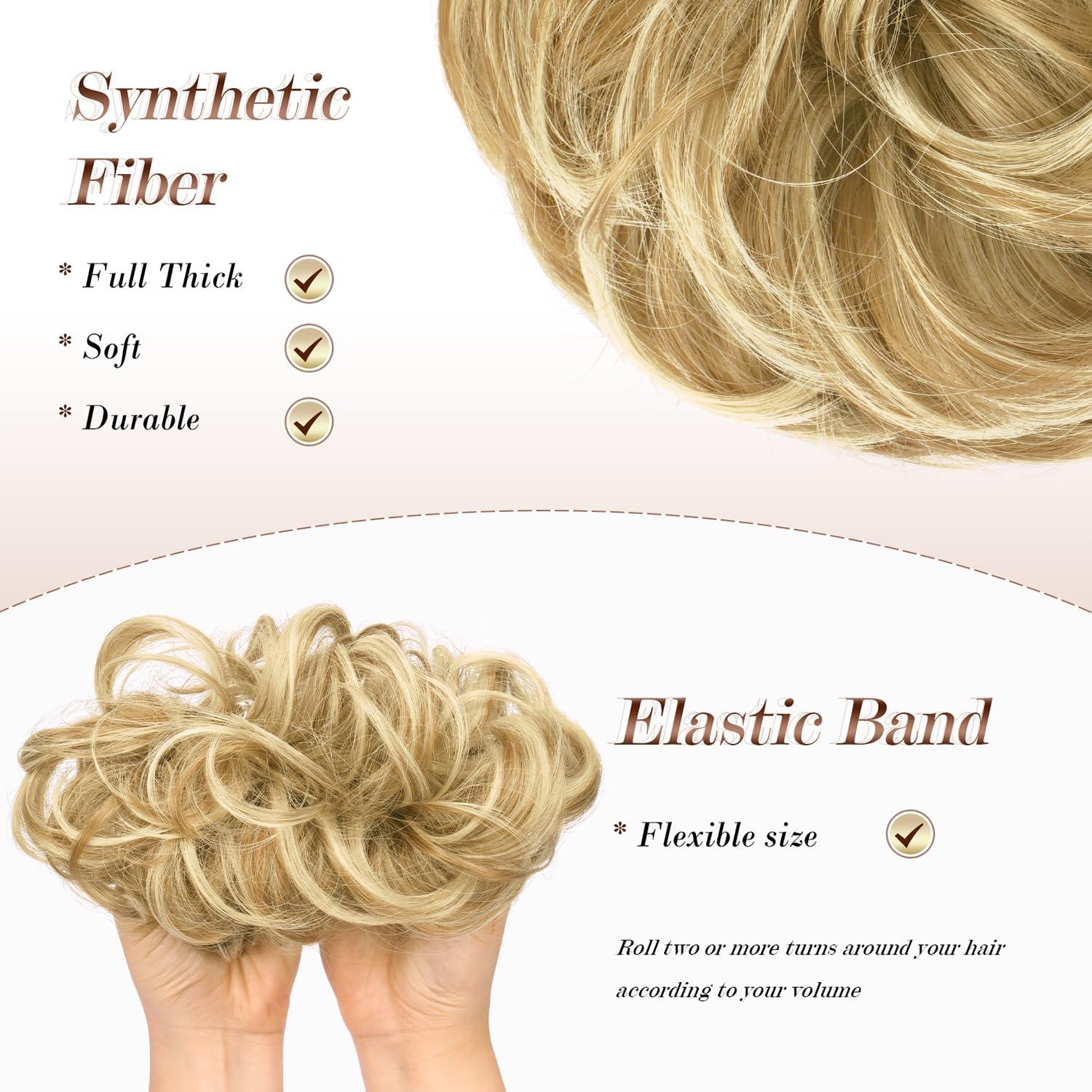imageFESHFEN Messy Bun Hair Piece Wavy Synthetic Chignon Scrunchies for Instant Volume Elastic Bun Ponytail Hair Extensions Thick Hairpieces for Women Black Gray and White Tips 150 ozSunny Blonde