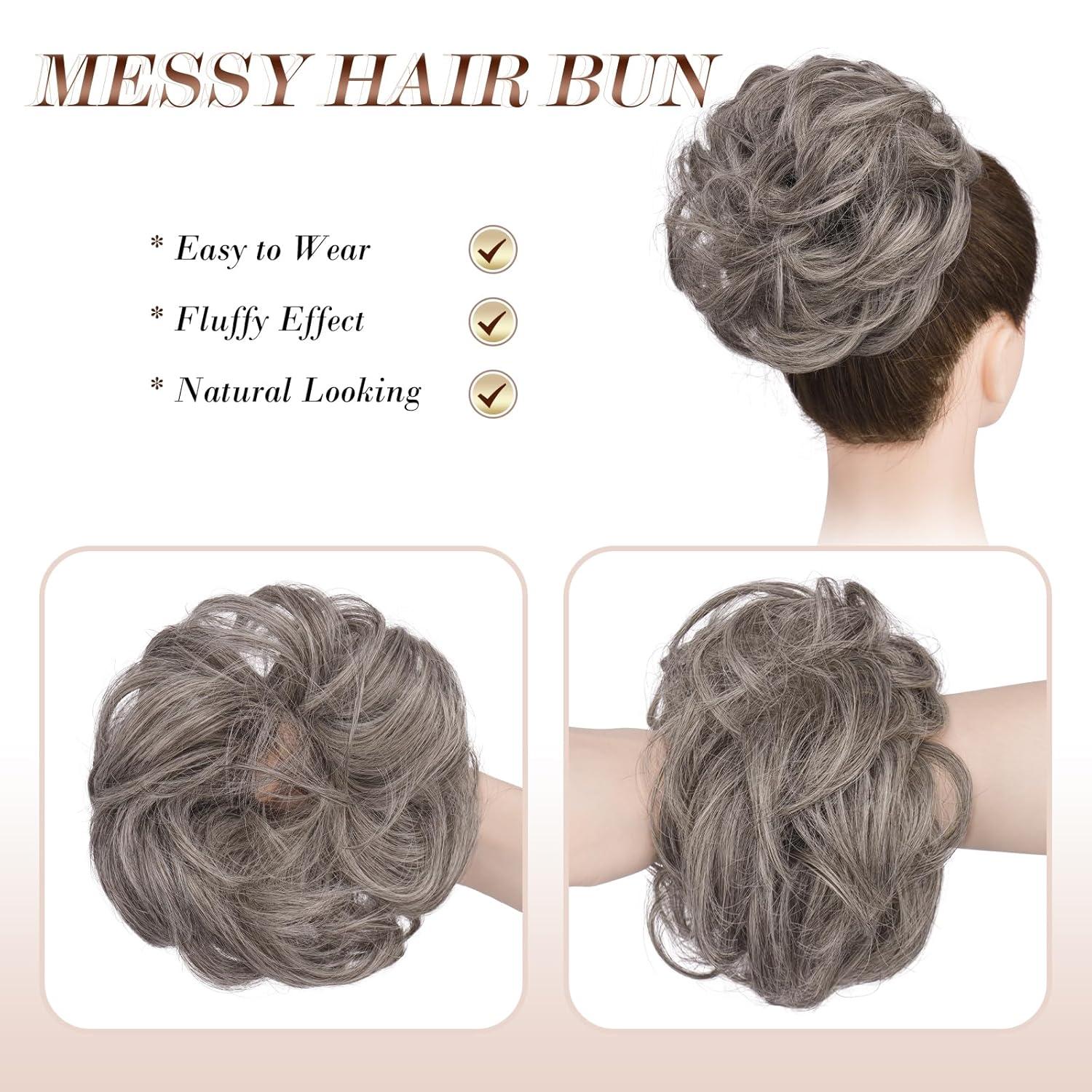 imageFESHFEN Messy Bun Hair Piece Wavy Synthetic Chignon Scrunchies for Instant Volume Elastic Bun Ponytail Hair Extensions Thick Hairpieces for Women Black Gray and White Tips 150 oz6A88A02D Salt and Pepper