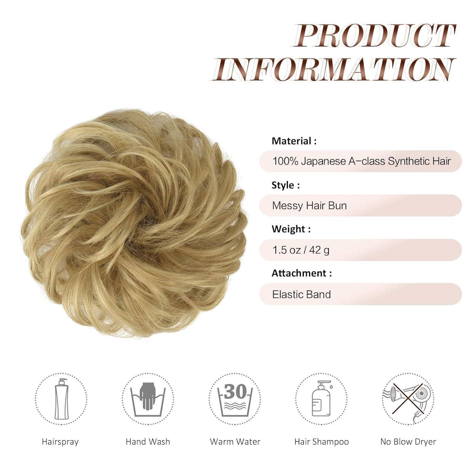 imageFESHFEN Messy Bun Hair Piece Wavy Synthetic Chignon Scrunchies for Instant Volume Elastic Bun Ponytail Hair Extensions Thick Hairpieces for Women Black Gray and White Tips 150 oz22613 Light Golden Blonde