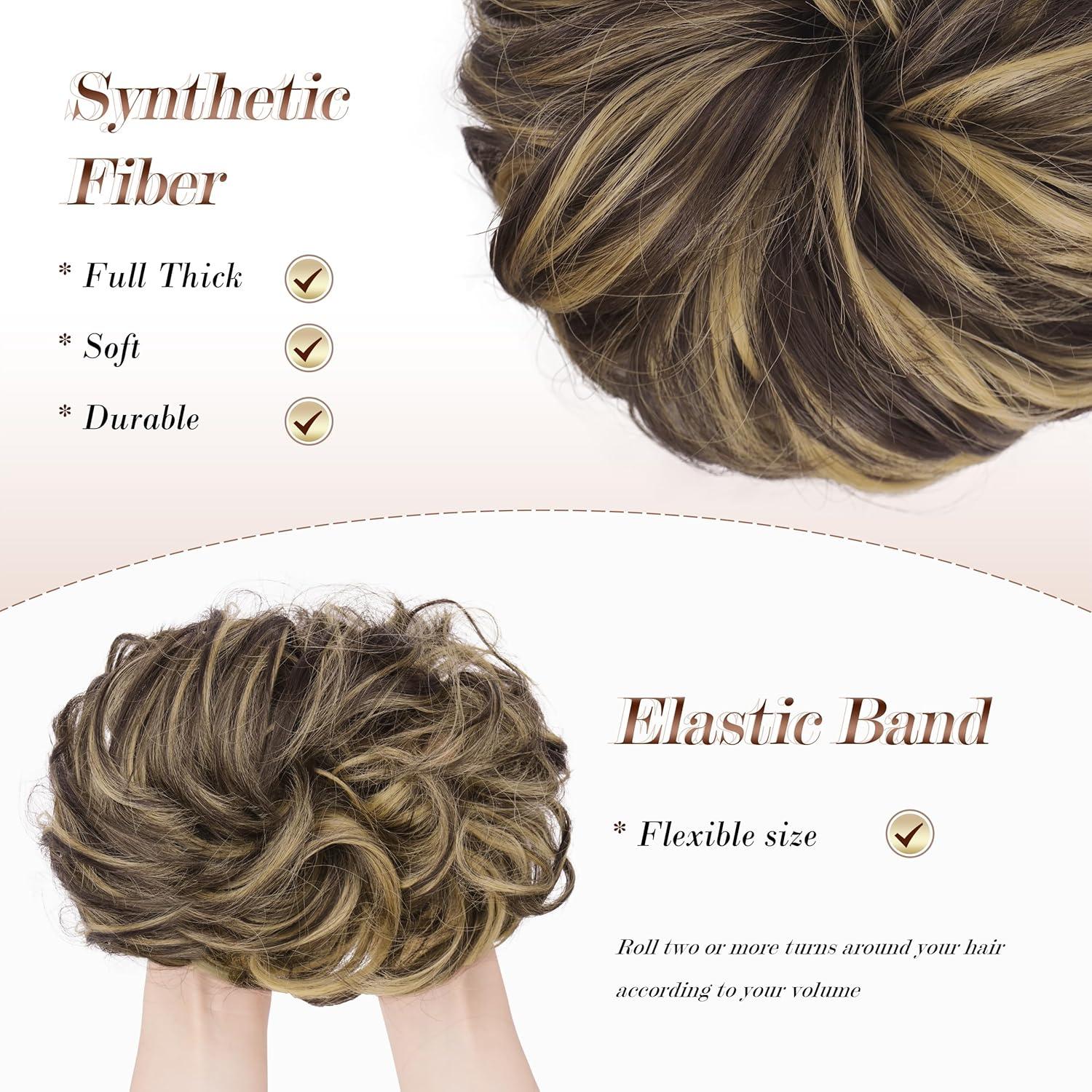 imageFESHFEN Messy Bun Hair Piece Wavy Synthetic Chignon Scrunchies for Instant Volume Elastic Bun Ponytail Hair Extensions Thick Hairpieces for Women Black Gray and White Tips 150 oz6H18 Dark Brown Champagne Blone