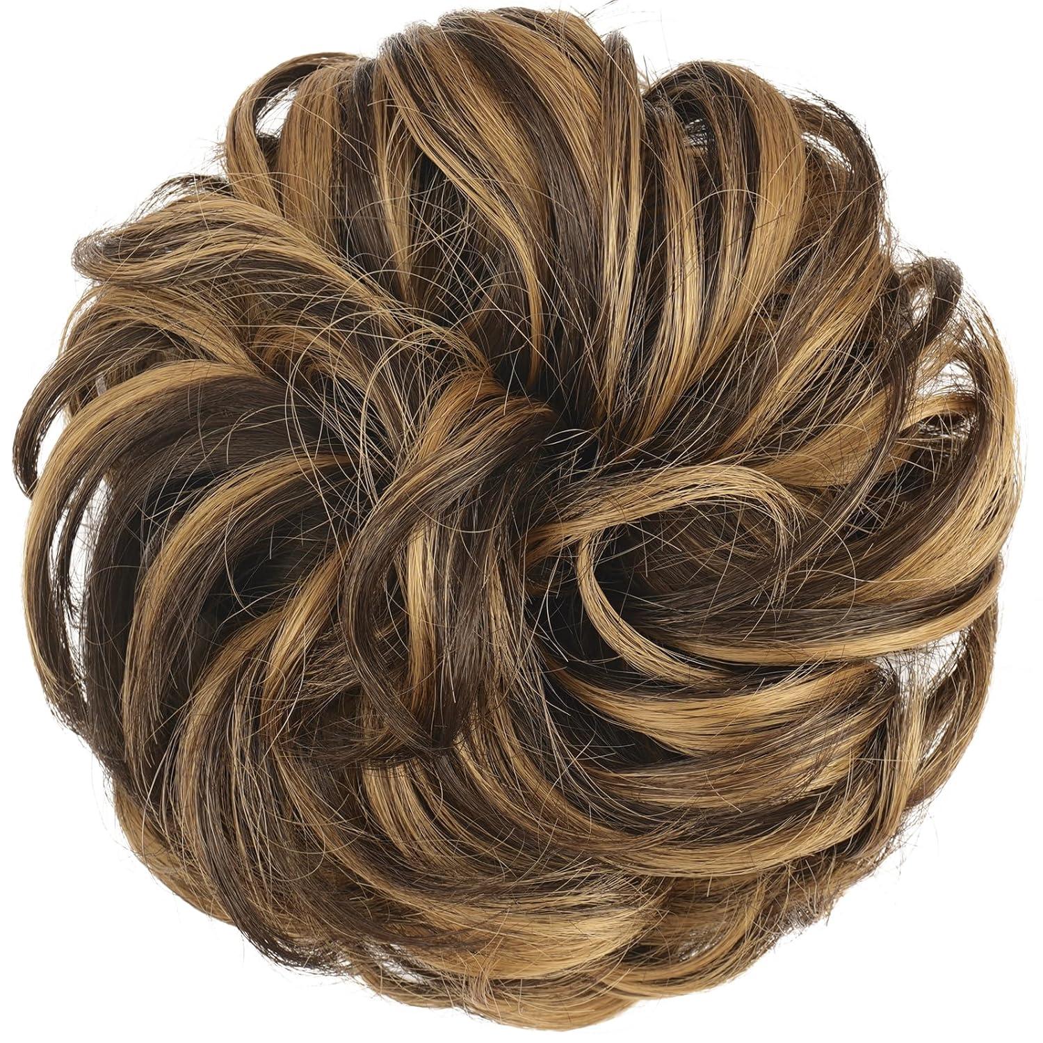 imageFESHFEN Messy Bun Hair Piece Wavy Synthetic Chignon Scrunchies for Instant Volume Elastic Bun Ponytail Hair Extensions Thick Hairpieces for Women Black Gray and White Tips 150 oz4AH26 Brown Highlighted Caramel Blonde