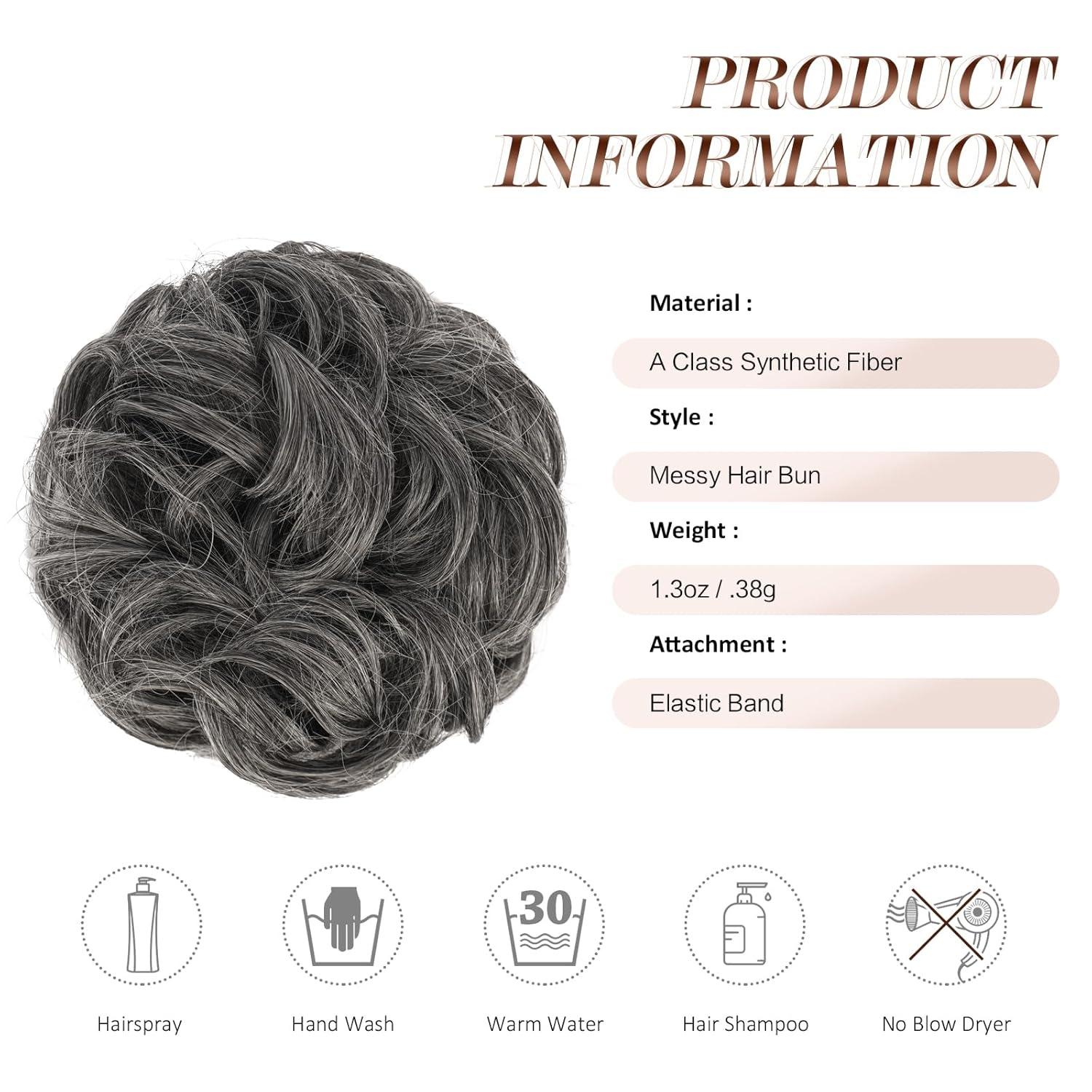 imageFESHFEN Messy Bun Hair Piece Wavy Synthetic Chignon Scrunchies for Instant Volume Elastic Bun Ponytail Hair Extensions Thick Hairpieces for Women Black Gray and White Tips 150 oz41001grey Dark Salt and Pepper