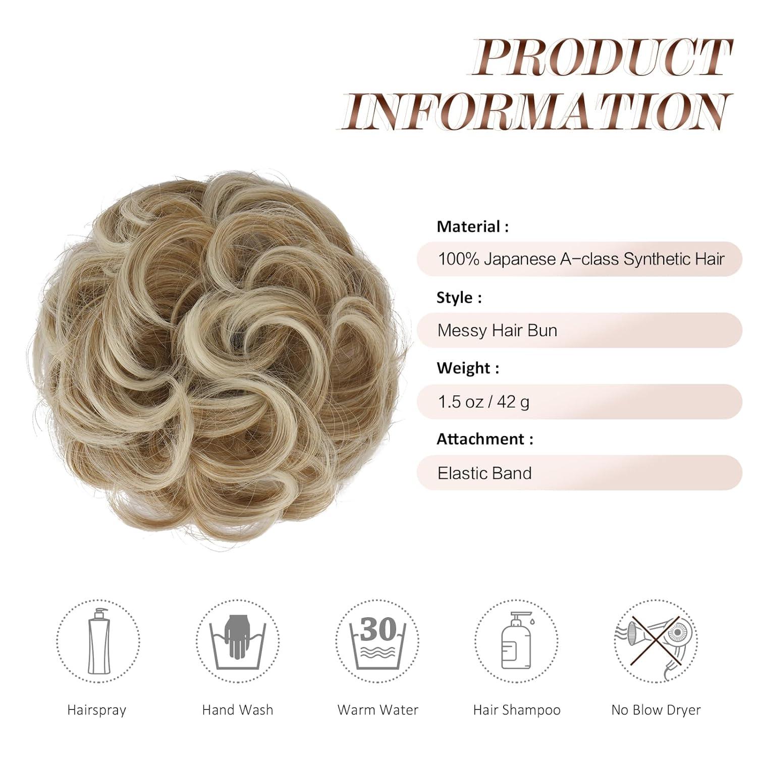 imageFESHFEN Messy Bun Hair Piece Wavy Synthetic Chignon Scrunchies for Instant Volume Elastic Bun Ponytail Hair Extensions Thick Hairpieces for Women Black Gray and White Tips 150 oz27T60 Strawberry Blonde Platinum Blonde Tips