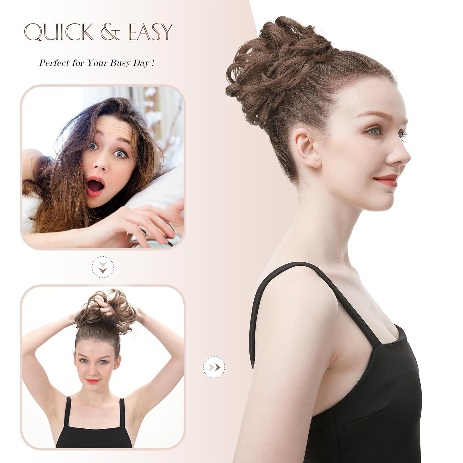 imageFESHFEN Messy Bun Hair Piece Wavy Synthetic Chignon Scrunchies for Instant Volume Elastic Bun Ponytail Hair Extensions Thick Hairpieces for Women Black Gray and White Tips 150 oz22613 Light Golden Blonde