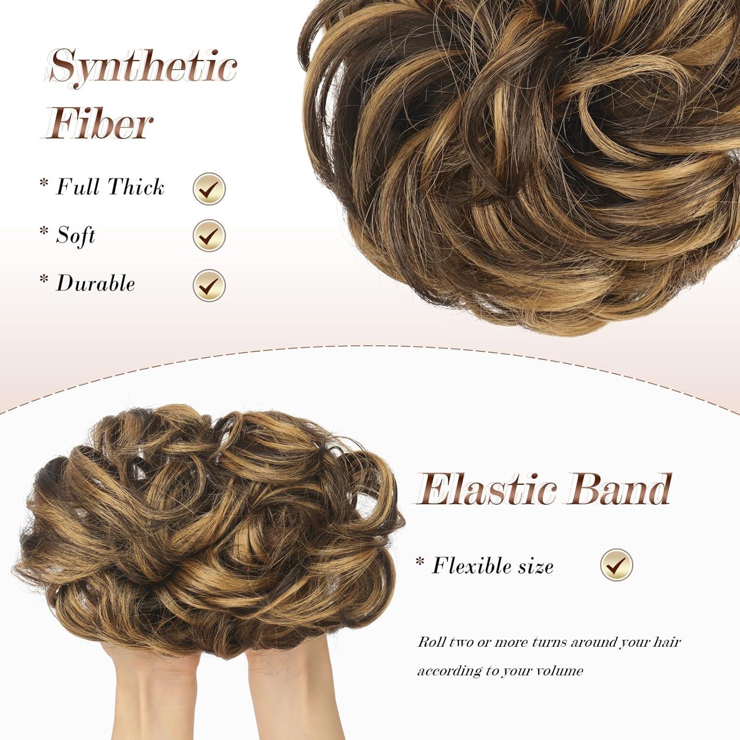 imageFESHFEN Messy Bun Hair Piece Wavy Synthetic Chignon Scrunchies for Instant Volume Elastic Bun Ponytail Hair Extensions Thick Hairpieces for Women Black Gray and White Tips 150 oz4AH26 Brown Highlighted Caramel Blonde