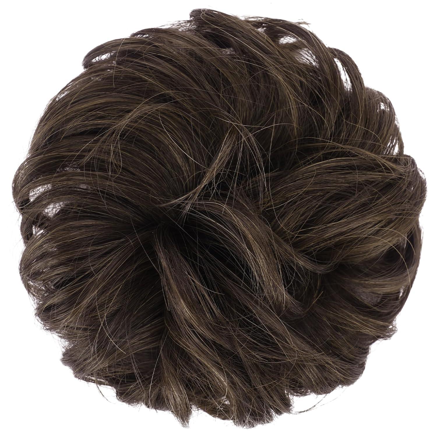 imageFESHFEN Messy Bun Hair Piece Wavy Synthetic Chignon Scrunchies for Instant Volume Elastic Bun Ponytail Hair Extensions Thick Hairpieces for Women Black Gray and White Tips 150 oz46A Mixed Chocolate Brown