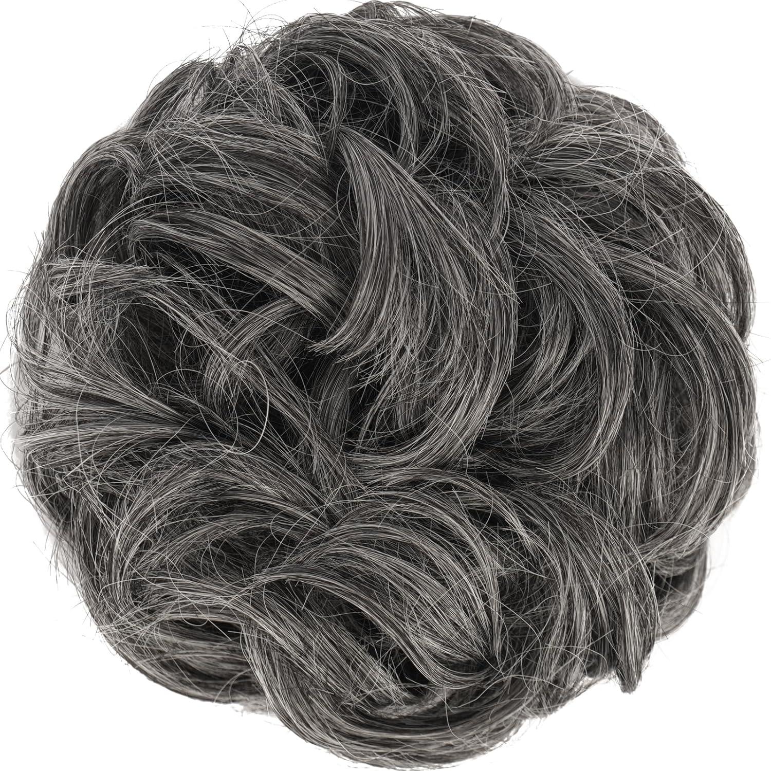 imageFESHFEN Messy Bun Hair Piece Wavy Synthetic Chignon Scrunchies for Instant Volume Elastic Bun Ponytail Hair Extensions Thick Hairpieces for Women Black Gray and White Tips 150 oz41001grey Dark Salt and Pepper