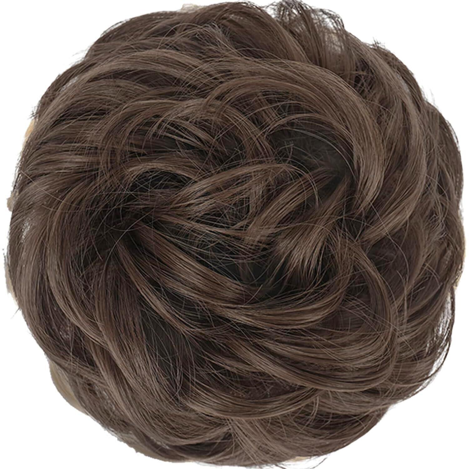 imageFESHFEN Messy Bun Hair Piece Wavy Synthetic Chignon Scrunchies for Instant Volume Elastic Bun Ponytail Hair Extensions Thick Hairpieces for Women Black Gray and White Tips 150 oz8 Medium Chestnut Brown