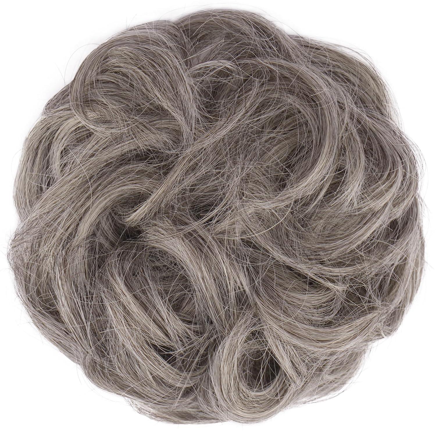 imageFESHFEN Messy Bun Hair Piece Wavy Synthetic Chignon Scrunchies for Instant Volume Elastic Bun Ponytail Hair Extensions Thick Hairpieces for Women Black Gray and White Tips 150 oz6A88A02D Salt and Pepper
