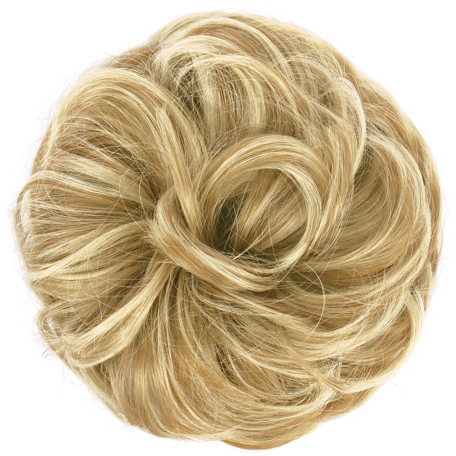 imageFESHFEN Messy Bun Hair Piece Wavy Synthetic Chignon Scrunchies for Instant Volume Elastic Bun Ponytail Hair Extensions Thick Hairpieces for Women Black Gray and White Tips 150 ozSunny Blonde