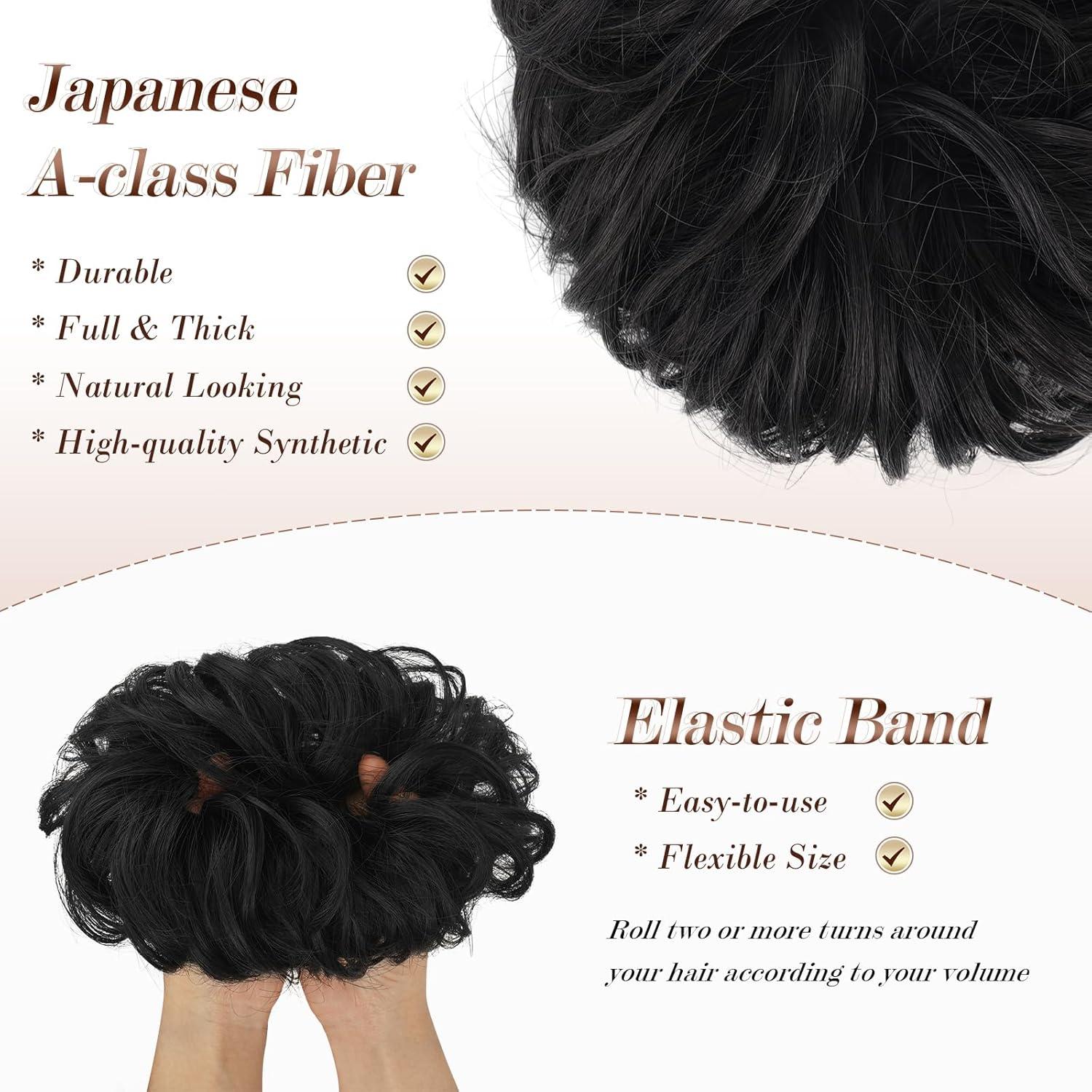 imageFESHFEN Messy Bun Hair Piece Wavy Synthetic Chignon Scrunchies for Instant Volume Elastic Bun Ponytail Hair Extensions Thick Hairpieces for Women Black Gray and White Tips 150 oz2 Natural Black