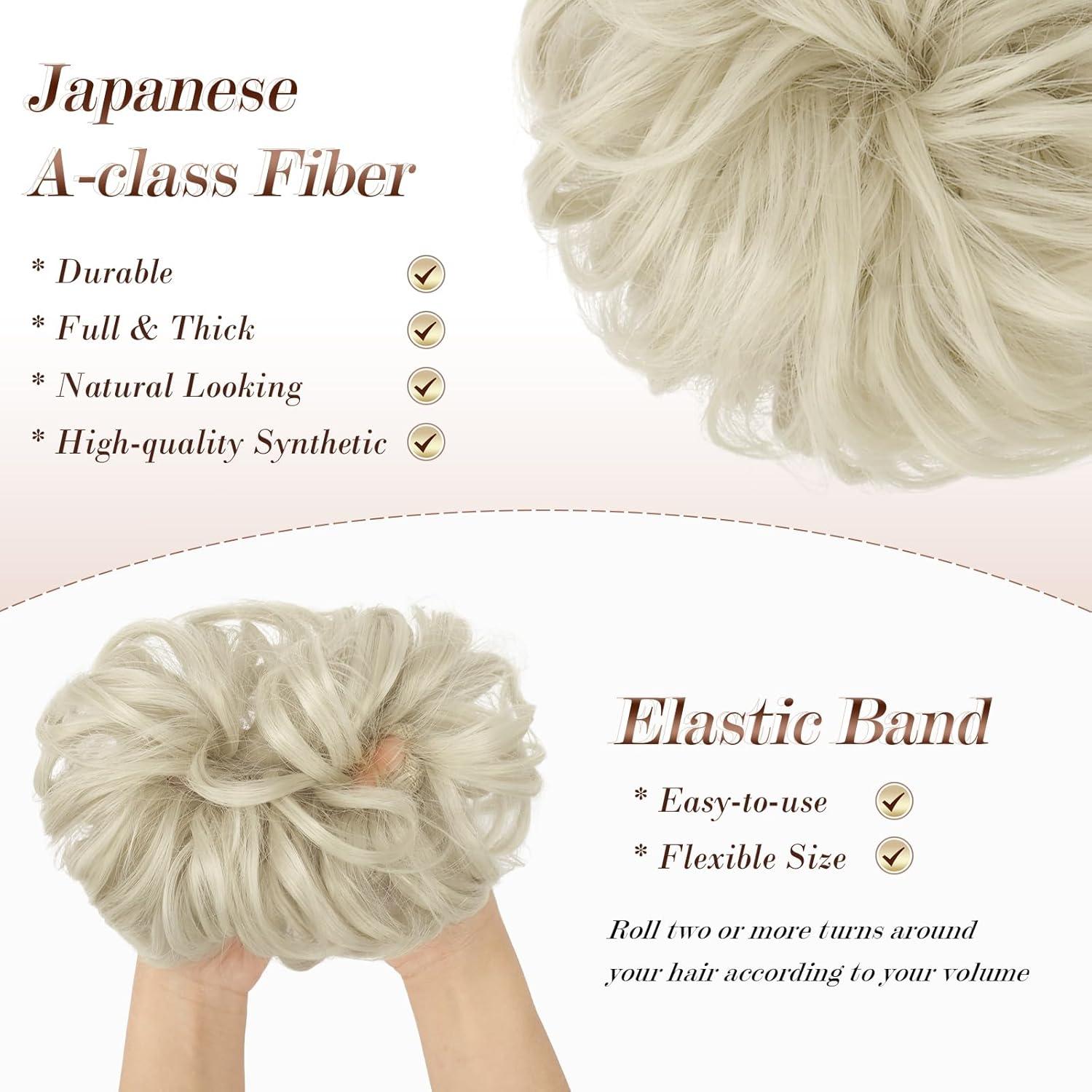 imageFESHFEN Messy Bun Hair Piece Wavy Synthetic Chignon Scrunchies for Instant Volume Elastic Bun Ponytail Hair Extensions Thick Hairpieces for Women Black Gray and White Tips 150 oz60 Ash Platinum Blonde