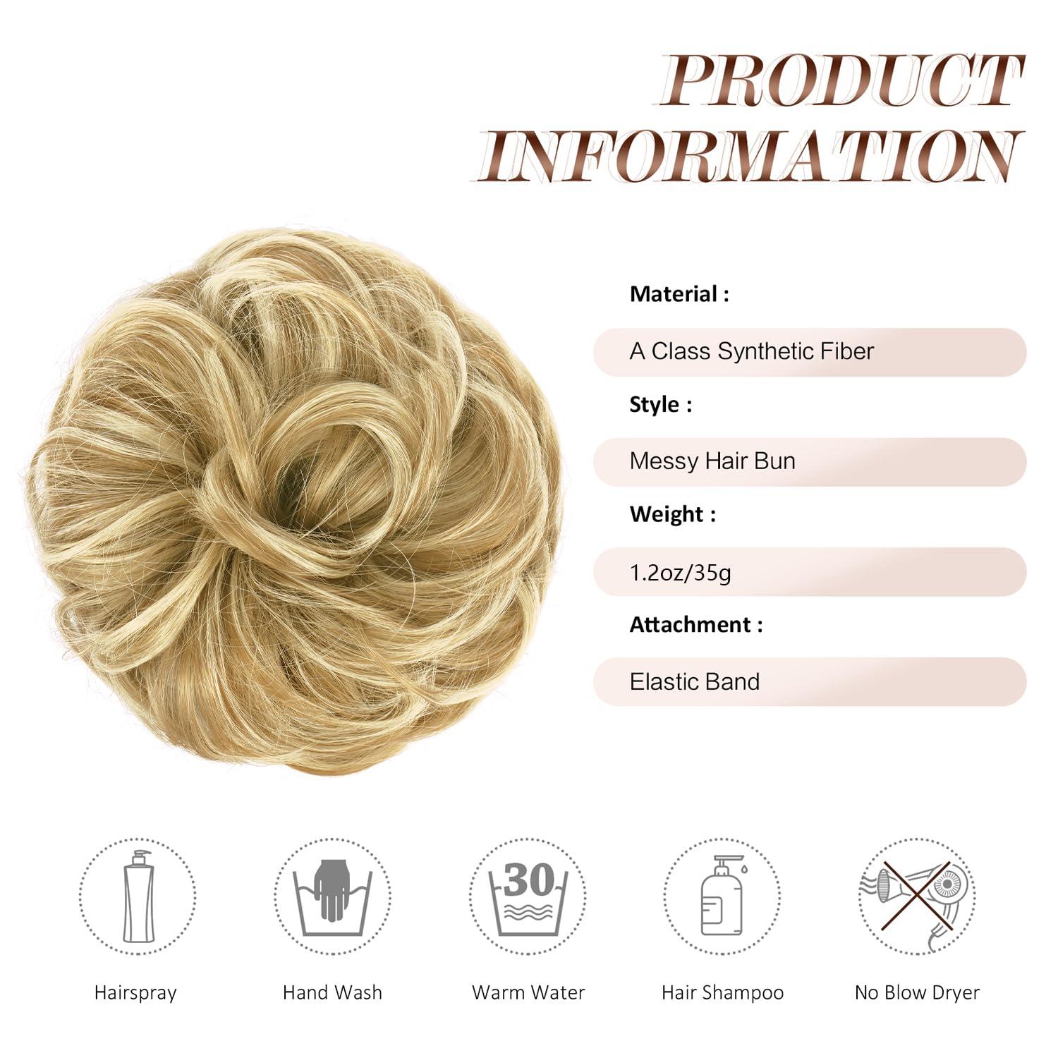 imageFESHFEN Messy Bun Hair Piece Wavy Synthetic Chignon Scrunchies for Instant Volume Elastic Bun Ponytail Hair Extensions Thick Hairpieces for Women Black Gray and White Tips 150 ozSunny Blonde