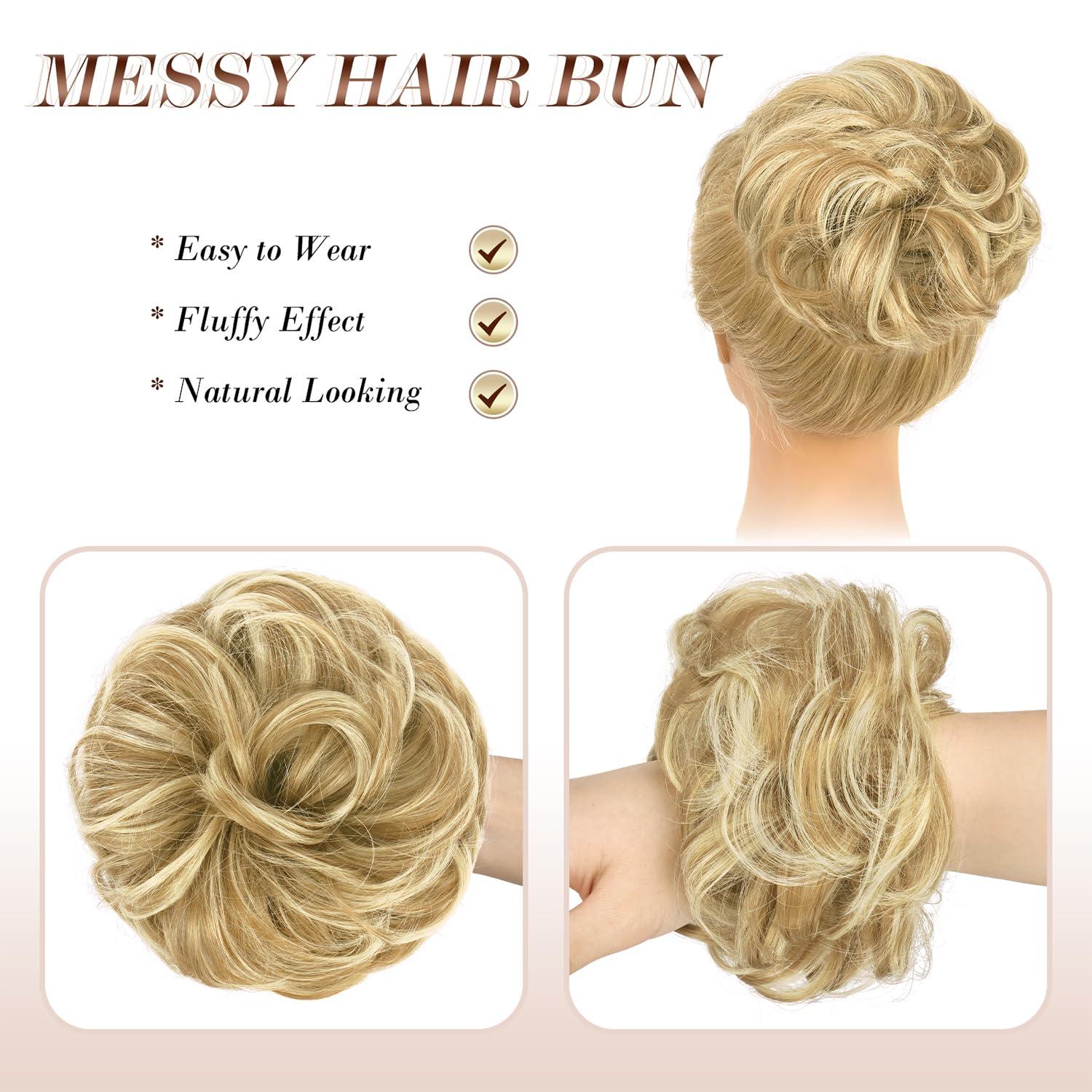 imageFESHFEN Messy Bun Hair Piece Wavy Synthetic Chignon Scrunchies for Instant Volume Elastic Bun Ponytail Hair Extensions Thick Hairpieces for Women Black Gray and White Tips 150 ozSunny Blonde