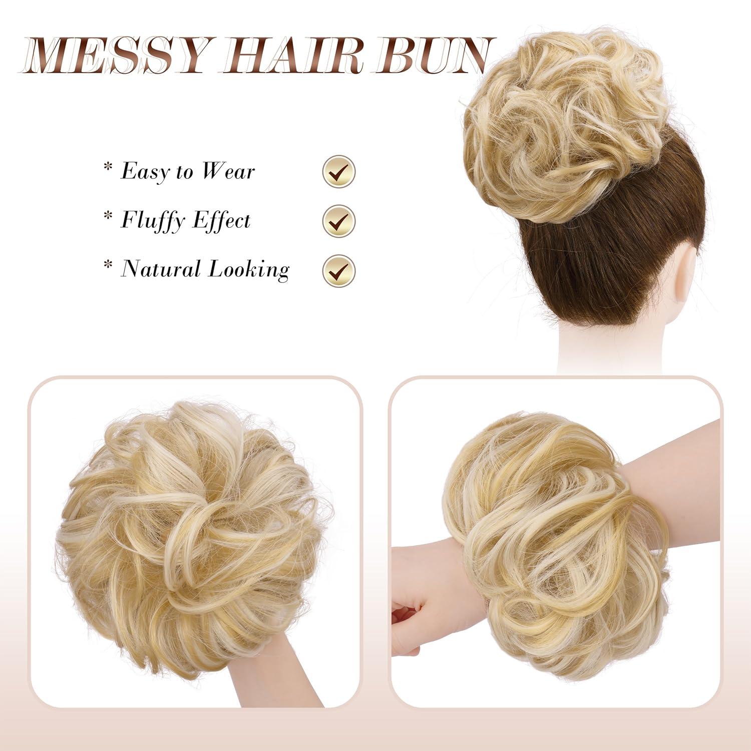 imageFESHFEN Messy Bun Hair Piece Wavy Synthetic Chignon Scrunchies for Instant Volume Elastic Bun Ponytail Hair Extensions Thick Hairpieces for Women Black Gray and White Tips 150 oz18H60 Champagne Blonde White Blonde