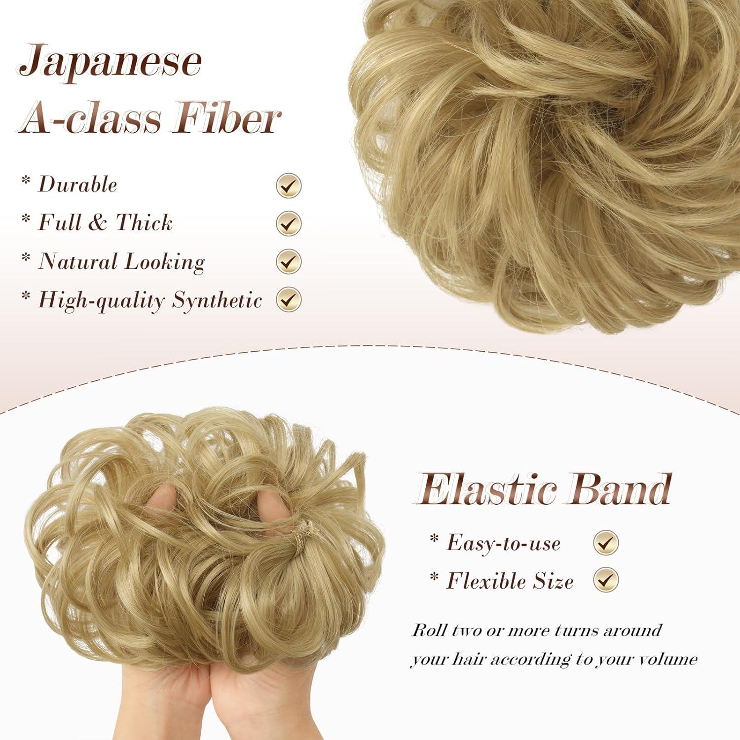 imageFESHFEN Messy Bun Hair Piece Wavy Synthetic Chignon Scrunchies for Instant Volume Elastic Bun Ponytail Hair Extensions Thick Hairpieces for Women Black Gray and White Tips 150 oz22613 Light Golden Blonde
