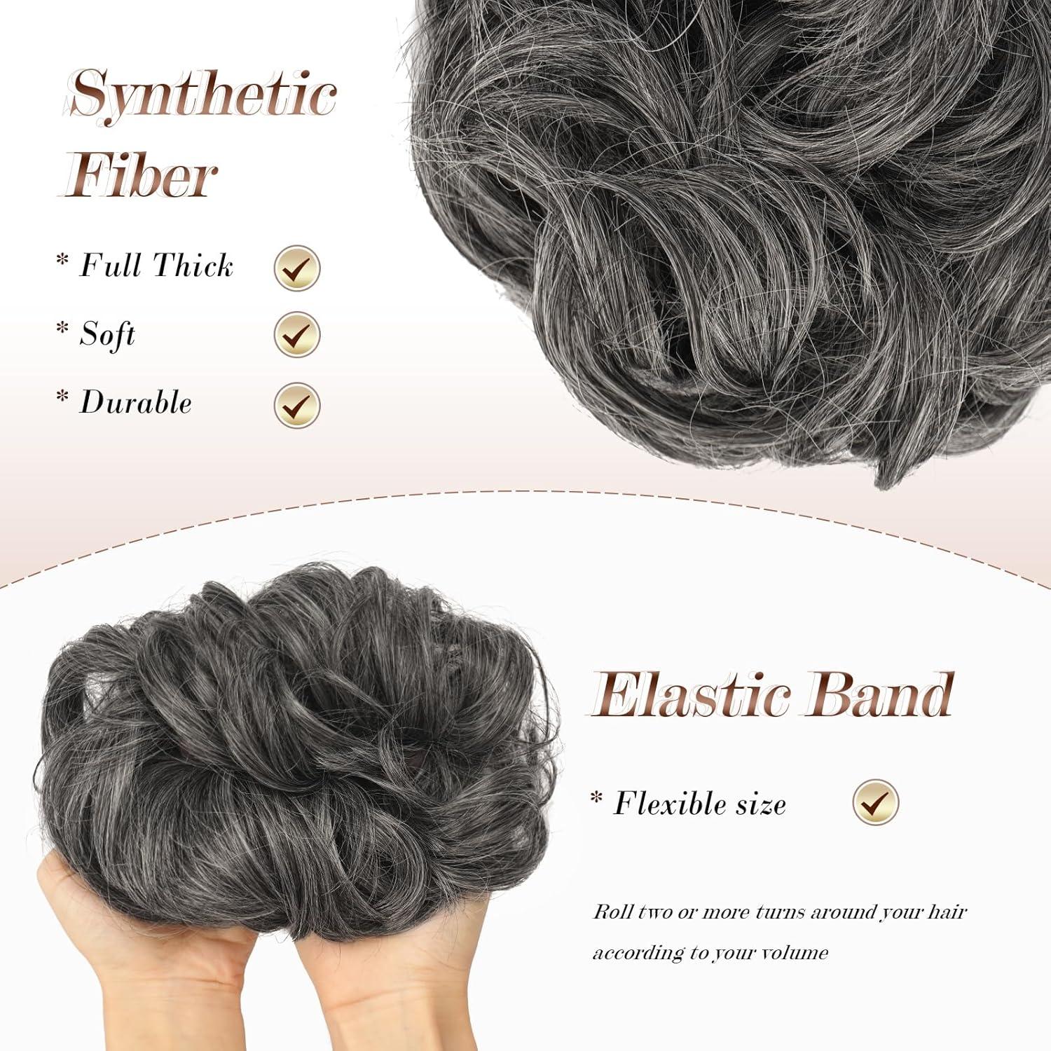 imageFESHFEN Messy Bun Hair Piece Wavy Synthetic Chignon Scrunchies for Instant Volume Elastic Bun Ponytail Hair Extensions Thick Hairpieces for Women Black Gray and White Tips 150 oz41001grey Dark Salt and Pepper