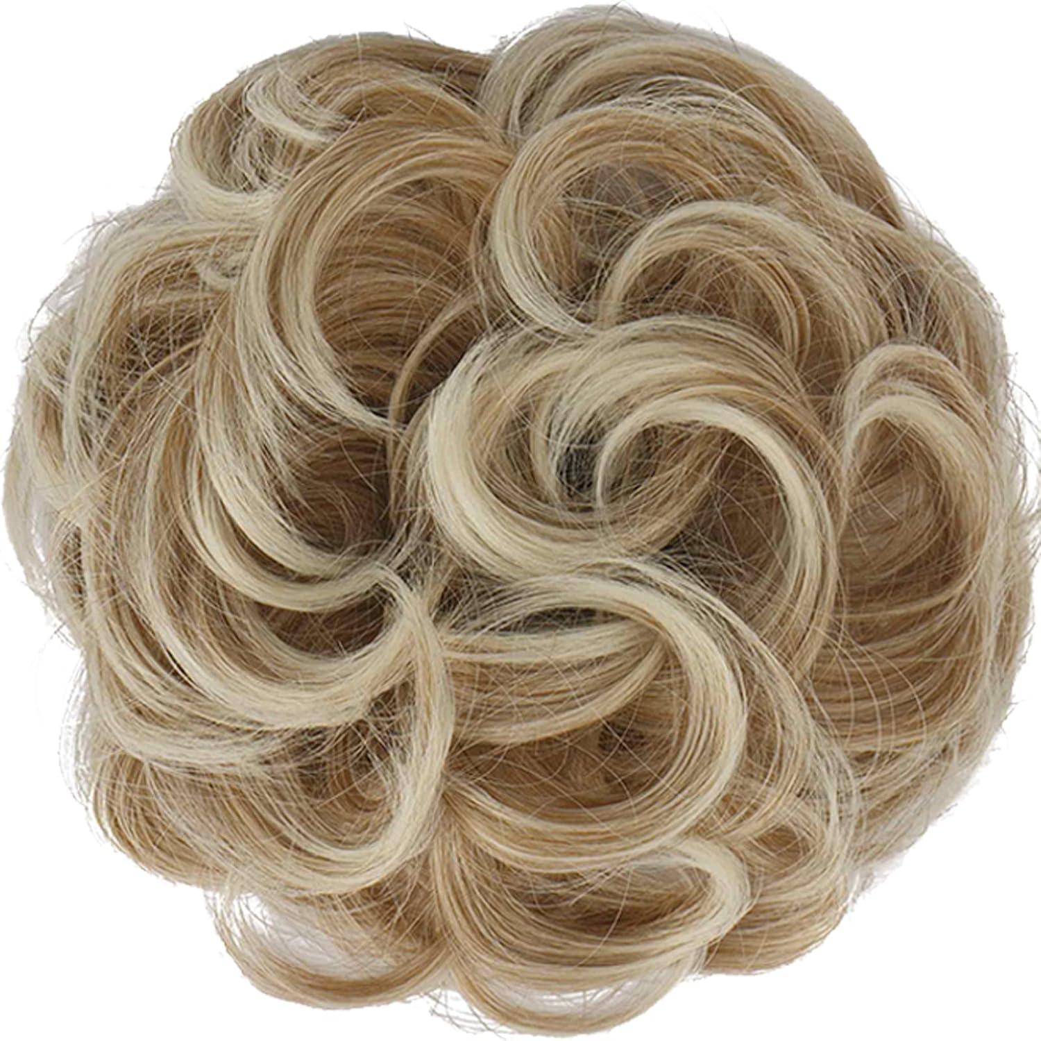 imageFESHFEN Messy Bun Hair Piece Wavy Synthetic Chignon Scrunchies for Instant Volume Elastic Bun Ponytail Hair Extensions Thick Hairpieces for Women Black Gray and White Tips 150 oz27T60 Strawberry Blonde Platinum Blonde Tips