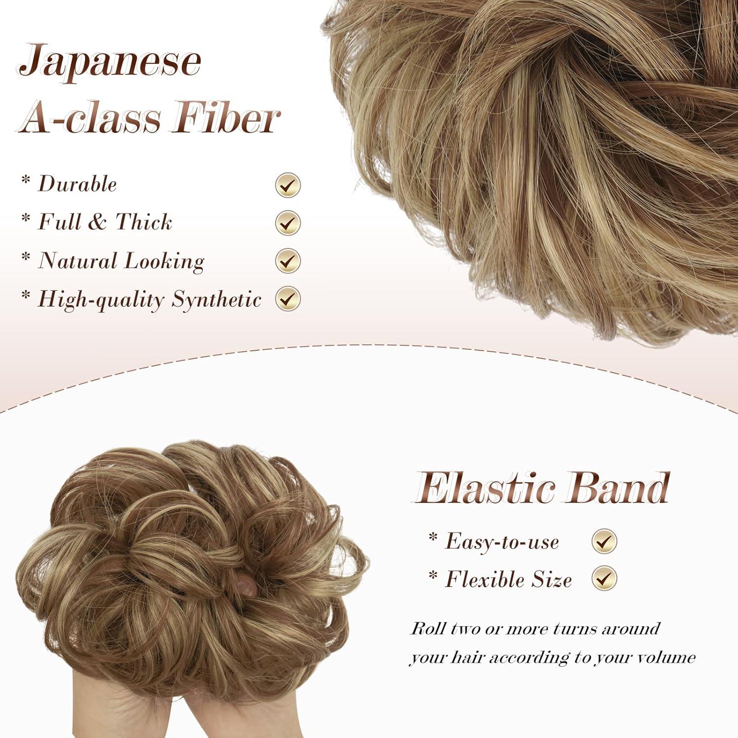 imageFESHFEN Messy Bun Hair Piece Wavy Synthetic Chignon Scrunchies for Instant Volume Elastic Bun Ponytail Hair Extensions Thick Hairpieces for Women Black Gray and White Tips 150 oz12H24 Brown Blonde