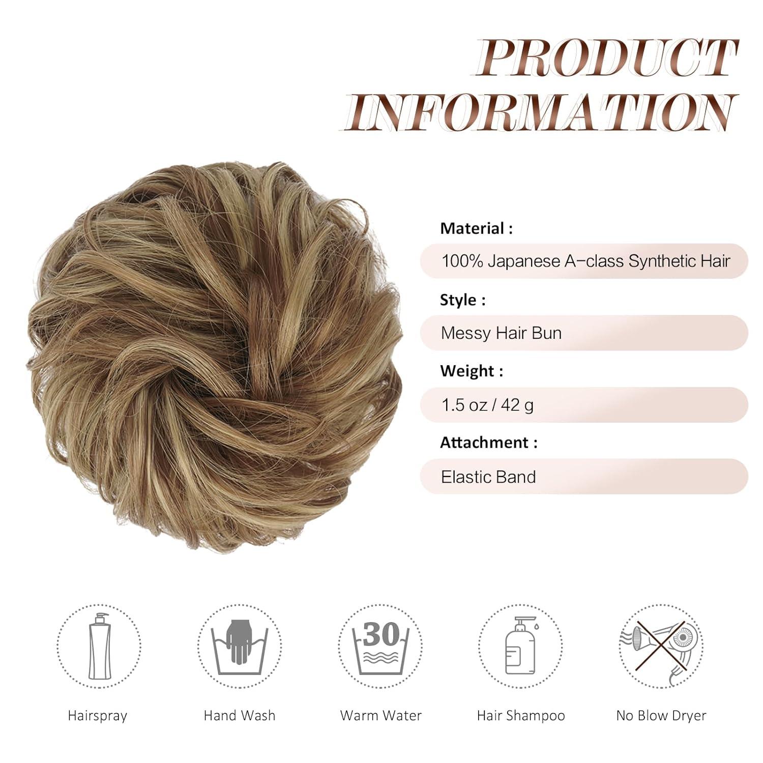 imageFESHFEN Messy Bun Hair Piece Wavy Synthetic Chignon Scrunchies for Instant Volume Elastic Bun Ponytail Hair Extensions Thick Hairpieces for Women Black Gray and White Tips 150 oz12H24 Brown Blonde