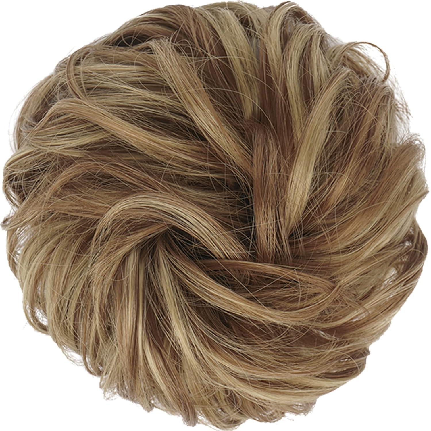 imageFESHFEN Messy Bun Hair Piece Wavy Synthetic Chignon Scrunchies for Instant Volume Elastic Bun Ponytail Hair Extensions Thick Hairpieces for Women Black Gray and White Tips 150 oz12H24 Brown Blonde