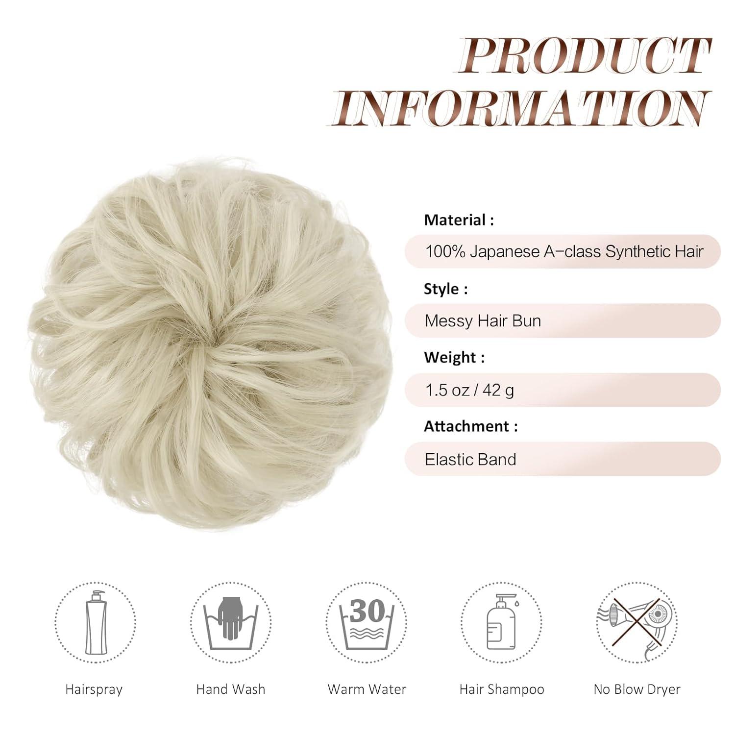 imageFESHFEN Messy Bun Hair Piece Wavy Synthetic Chignon Scrunchies for Instant Volume Elastic Bun Ponytail Hair Extensions Thick Hairpieces for Women Black Gray and White Tips 150 oz60 Ash Platinum Blonde